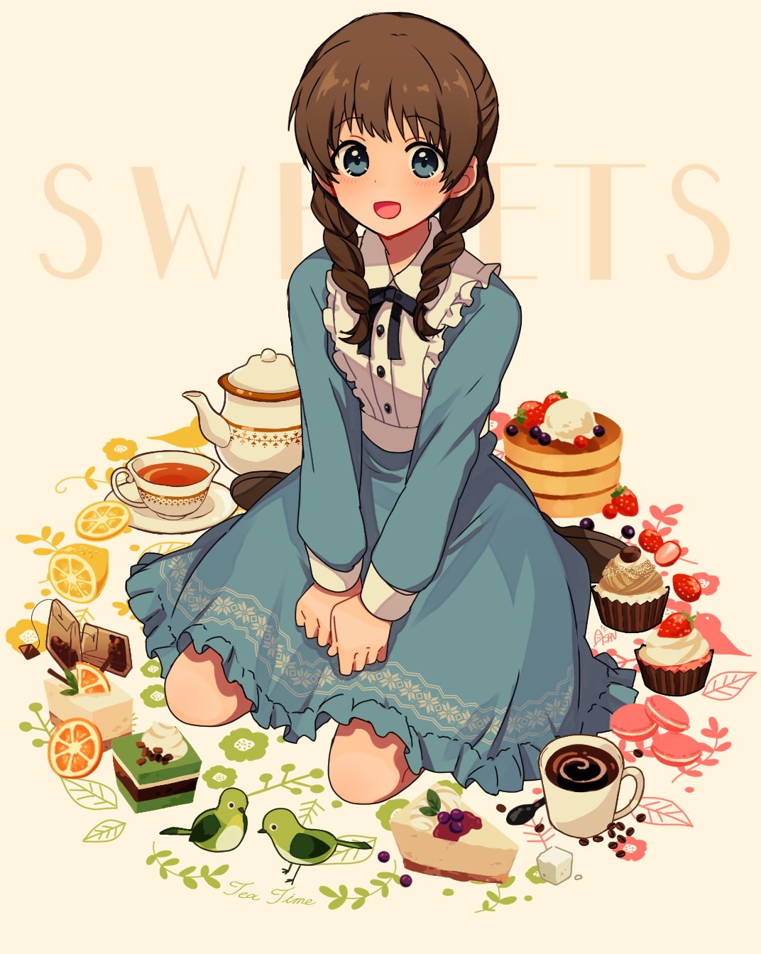 1girl :d animal aqua_dress aqua_eyes arisa_(aren) bird black_eyes black_ribbon blueberry blush braid brown_hair buttons cherry coffee commentary_request cookie cranberry cup dot_nose dress drink flower flower_(symbol) food frilled_dress frills fruit full_body green_bird green_flower grey_background hair_over_shoulder highres lemon lemon_slice long_hair long_sleeves looking_at_viewer mug neck_ribbon open_mouth orange_(fruit) orange_slice original pie pink_flower ribbon saucer sitting smile solo strawberry sugar_cube teapot twin_braids twintails v_arms yellow_flower