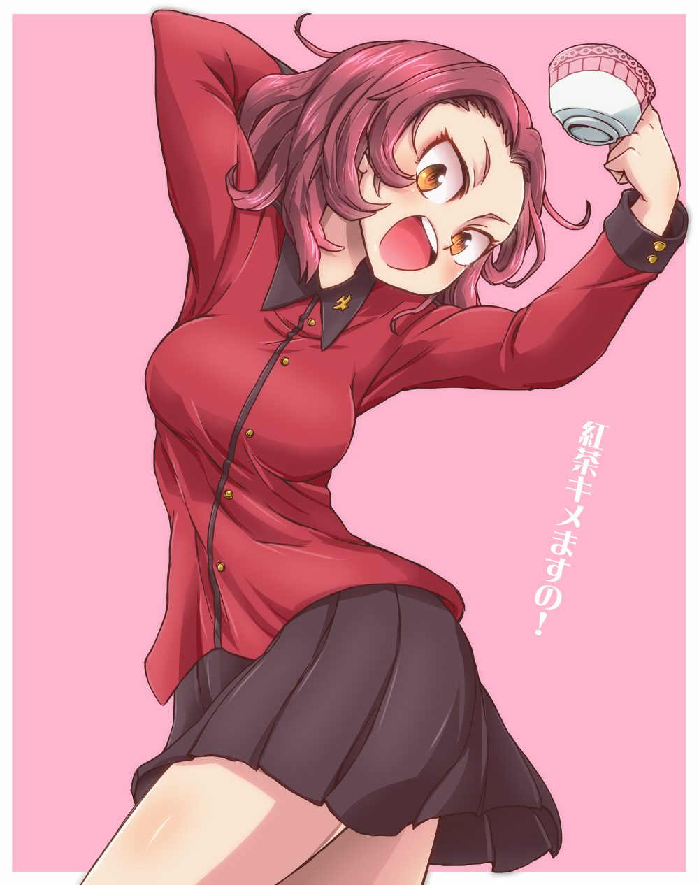 1girl aono3 arm_behind_head arm_up black_skirt cup girls_und_panzer head_tilt highres holding holding_cup jacket long_sleeves looking_at_viewer medium_hair military_uniform miniskirt open_mouth orange_eyes pink_background pleated_skirt red_hair red_jacket rosehip_(girls_und_panzer) simple_background skirt smile solo st._gloriana's_military_uniform standing teacup translated uniform