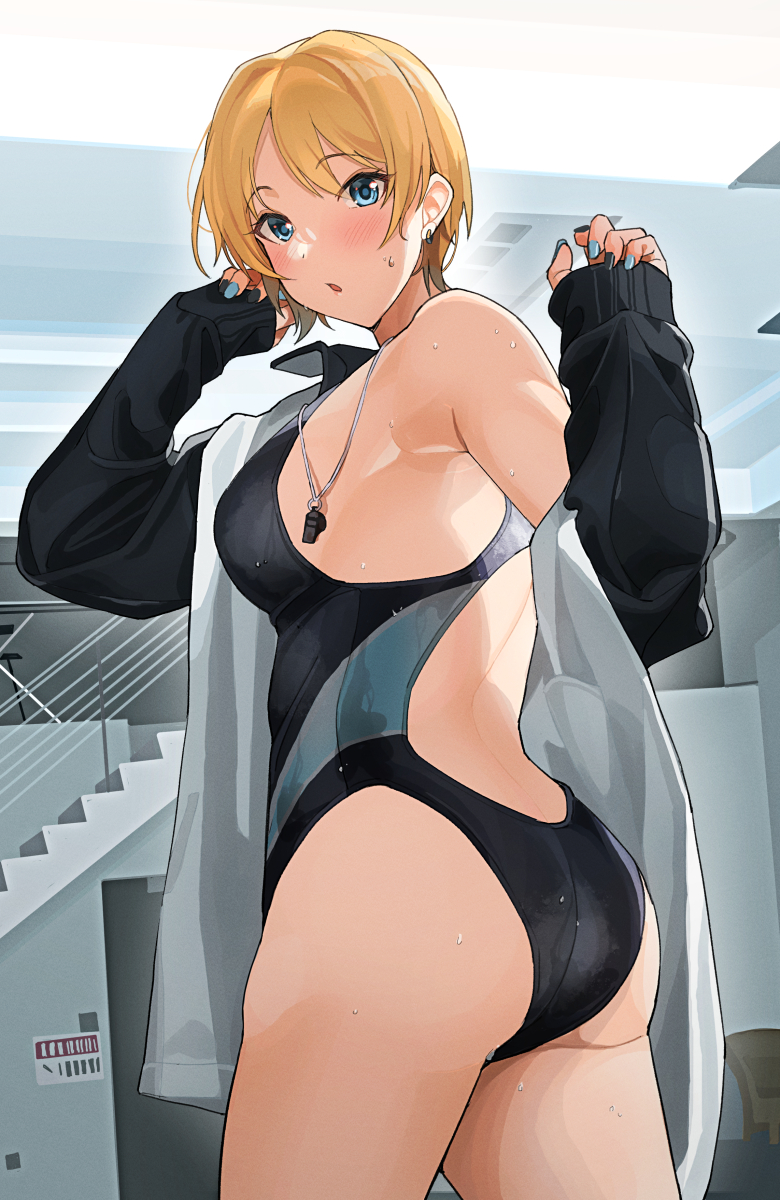 1girl ass black_jacket black_nails black_one-piece_swimsuit blonde_hair blue_eyes blue_nails blue_one-piece_swimsuit blush breasts commentary_request competition_swimsuit cowboy_shot earrings fingernails gal_girlfriend_(tipii) hands_up highres jacket jewelry long_fingernails long_sleeves looking_at_viewer looking_back medium_breasts multicolored_nails nail_polish one-piece_swimsuit open_clothes open_jacket original parted_lips short_hair single_bare_shoulder sleeves_past_wrists solo stairs standing swimsuit tipii track_jacket twisted_torso two-tone_swimsuit wet whistle whistle_around_neck white_towel