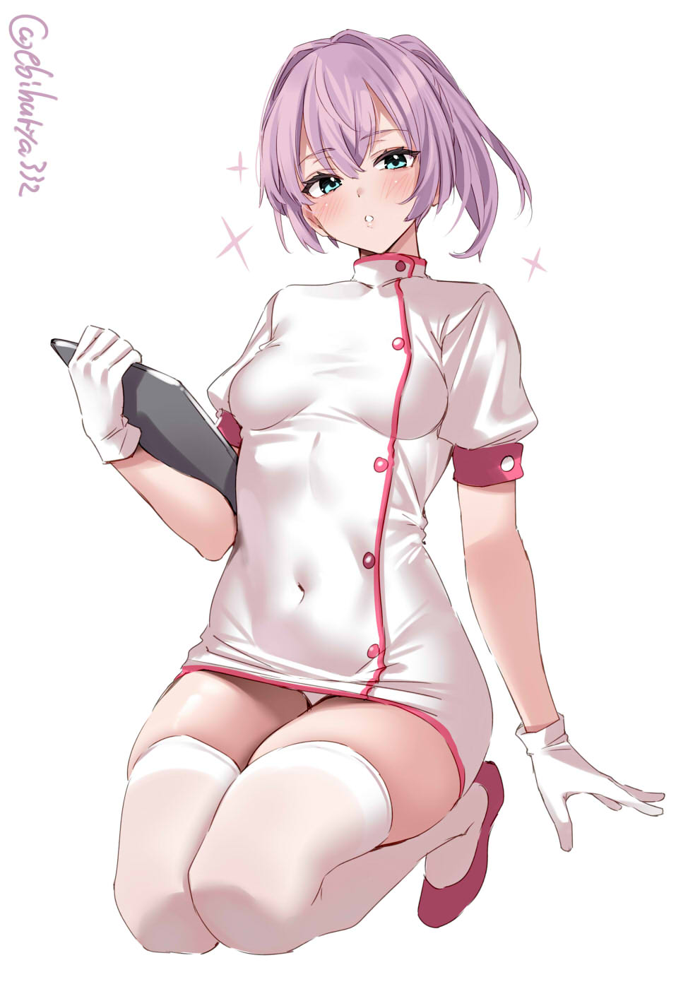 1girl :o blue_eyes blush breasts commentary_request covered_navel dress ebifurya full_body gloves hair_between_eyes hair_intakes highres holding kantai_collection kneeling looking_at_viewer nurse one-hour_drawing_challenge panties parted_lips pink_hair ponytail puffy_short_sleeves puffy_sleeves red_footwear shiranui_(kancolle) shoes short_sleeves simple_background small_breasts solo sparkle thighhighs twitter_username underwear white_background white_dress white_gloves white_panties white_thighhighs