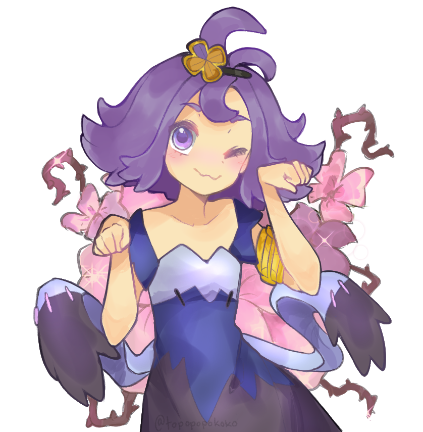 1girl ;3 acerola_(pokemon) artist_name blue_dress closed_mouth cowboy_shot dress flipped_hair looking_at_viewer multicolored_clothes multicolored_dress one_eye_closed paw_pose pokemon pokemon_sm purple_eyes purple_hair short_eyebrows short_hair short_sleeves simple_background smile solo stitches topknot topopopokoko twitter_username white_background