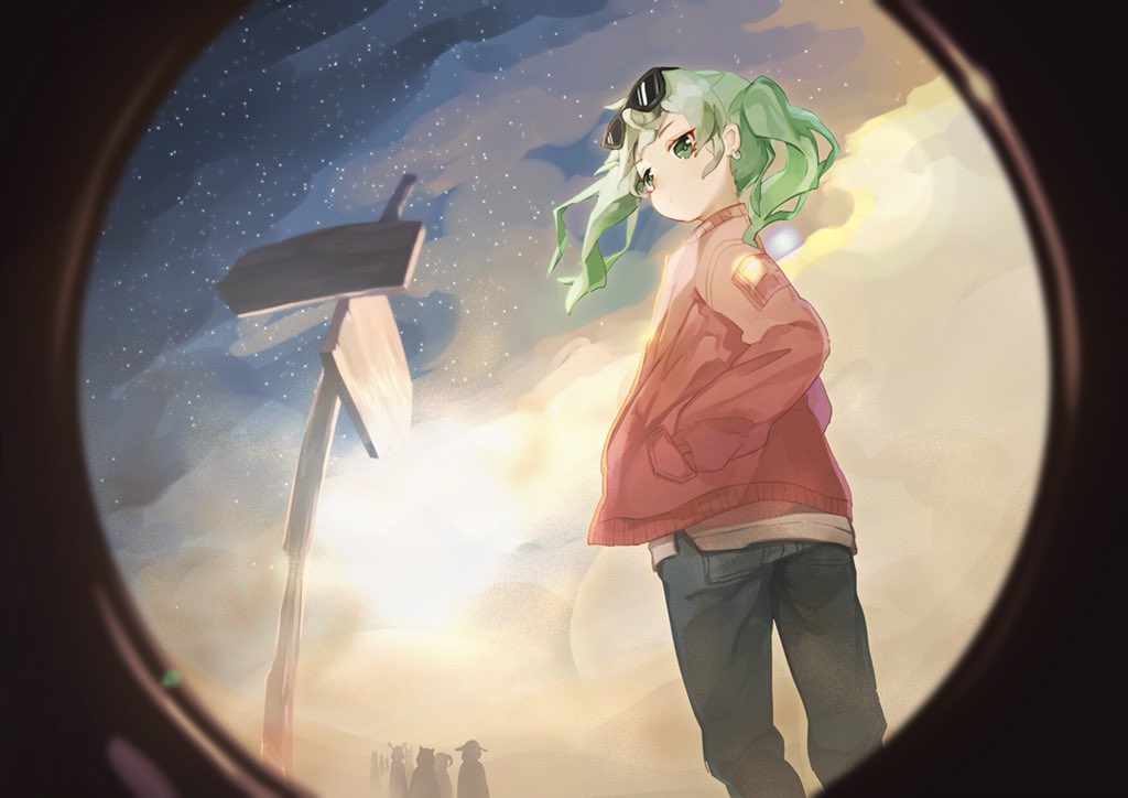 1girl anna_(anna1997) black-framed_eyewear blue_pants closed_mouth cowboy_shot denim ear_piercing earrings expressionless eyelashes eyewear_on_head green_eyes green_hair hands_in_pockets hatsune_miku hoop_earrings jacket jeans jewelry long_hair long_sleeves looking_at_viewer night night_sky open_clothes open_jacket pants people piercing red_jacket red_sleeves road_sign sandstorm shirt sign silhouette sky solo star_(sky) starry_sky suna_no_wakusei_(vocaloid) sunglasses twintails vocaloid white_shirt