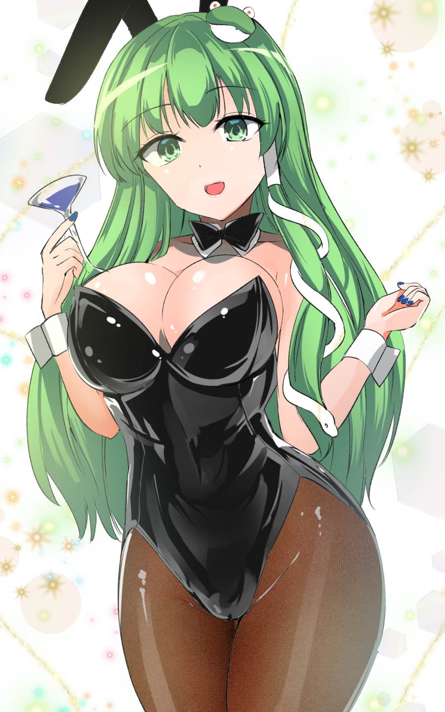 1girl animal_ears black_leotard bow bowtie breasts brown_pantyhose cocktail_glass commentary_request covered_navel cowboy_shot cup detached_collar drinking_glass fake_animal_ears frog_hair_ornament gradient_background green_background green_eyes green_hair hair_ornament hair_tubes highres kochiya_sanae large_breasts leotard long_hair one-hour_drawing_challenge open_mouth pantyhose playboy_bunny rabbit_ears smile snake_hair_ornament solo strapless strapless_leotard touhou traditional_bowtie wrist_cuffs y2