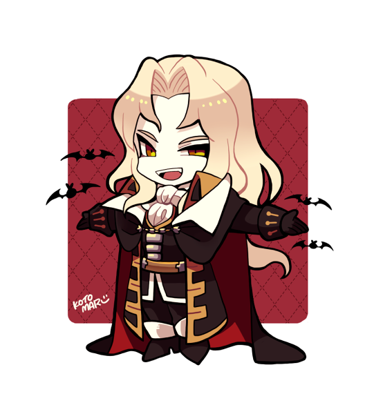 1boy alucard_(castlevania) ascot bat_(animal) black_cape black_footwear black_gloves black_jacket black_pants blonde_hair border cape castlevania_(series) chibi full_body gloves jacket kotorai long_hair long_sleeves male_focus no_nose open_mouth outstretched_arms pants signature slit_pupils solo spread_arms white_ascot white_border yellow_eyes