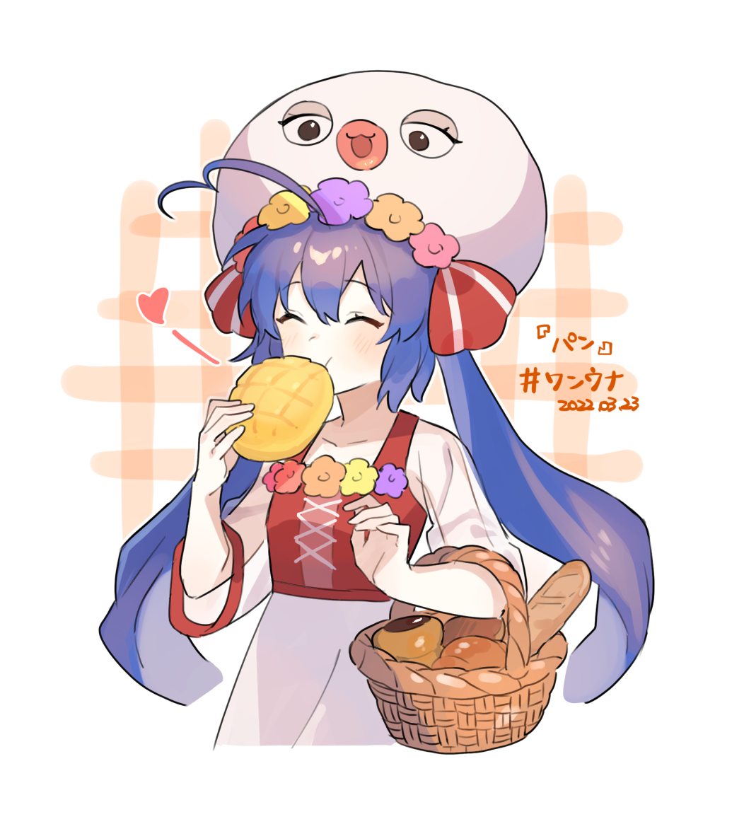 1girl :t ^_^ ahoge baguette basket blue_eyes blue_hair blush bread closed_eyes cropped_torso cross-laced_clothes dated dress eating eel_hat flower_wreath food happy hat head_wreath heart holding holding_food long_hair melon_bread otomachi_una plaid plaid_background red_vest see-through see-through_sleeves sidelocks sleeves_past_elbows solo suiso_sn3 twintails very_long_hair vest vocaloid white_background white_dress white_headwear