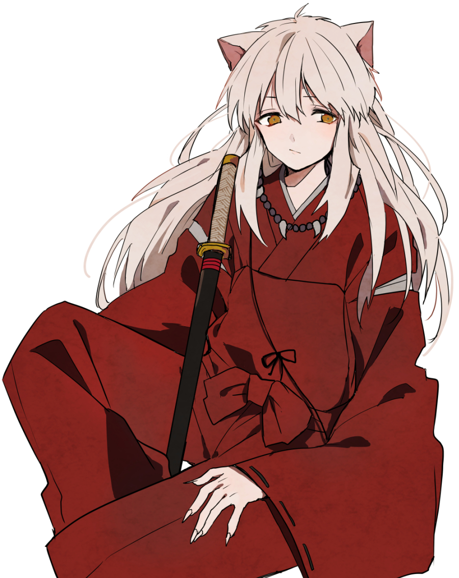 1boy :/ animal_ears bead_necklace beads brown_eyes closed_mouth dog_boy dog_ears fingernails inuyasha inuyasha_(character) invisible_chair japanese_clothes jewelry katana kimono long_fingernails long_hair looking_at_viewer male_focus necklace pants red_kimono red_pants sheath sheathed sidelocks simple_background sitting sword weapon white_background white_hair yukimori_nene
