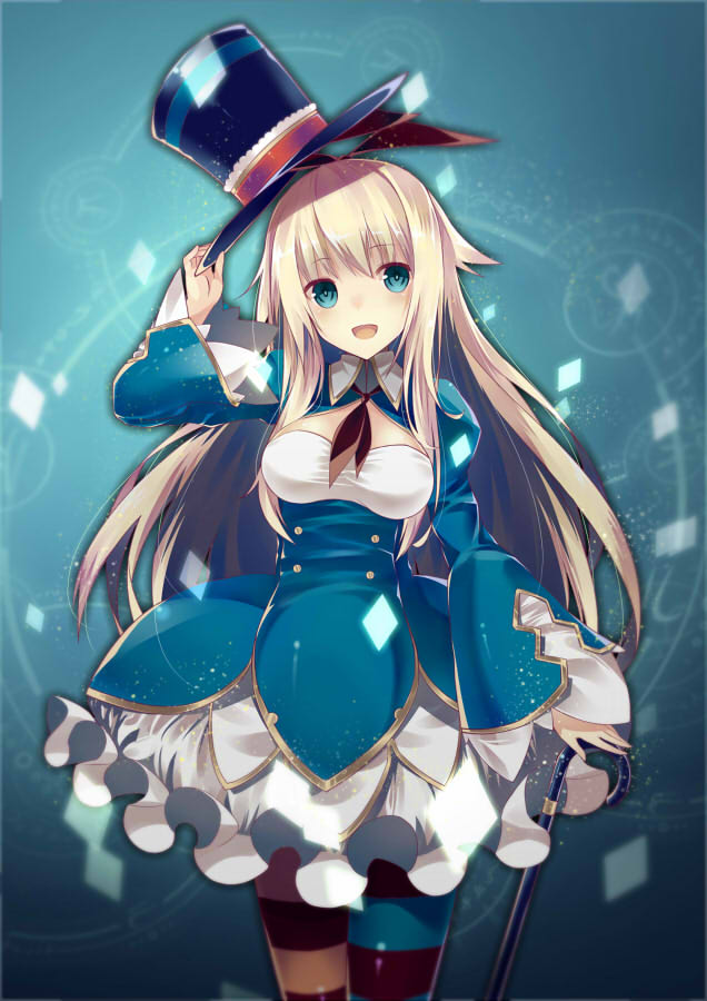alice_(grimms_notes) blonde_hair blue_eyes cane dress grimms_notes hair_ribbon hat hat_tip long_hair mismatched_legwear open_mouth ribbon smile solo striped striped_legwear thighhighs top_hat xiao_hei