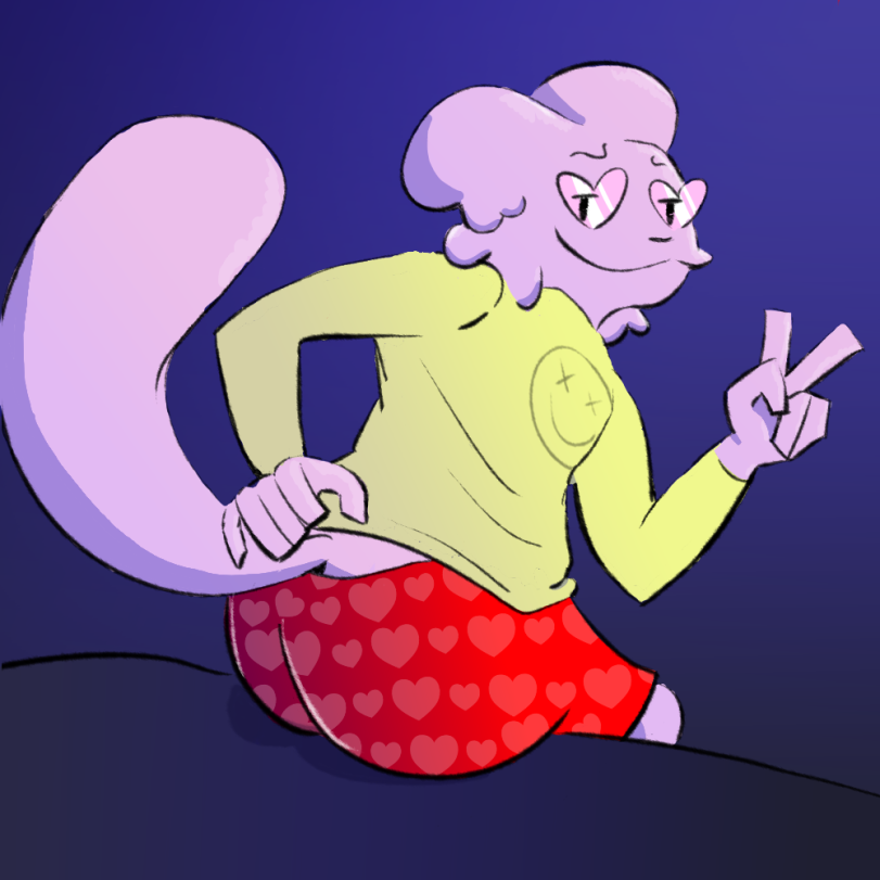 &lt;3 anthro chinchilla chinchillid clothing eyebrows eyewear gesture glasses glistening glistening_body gradient_background male mammal pink_body presenting richardscarryfan rodent simple_background sitting smiley_face solo solo_focus tail underwear v_sign