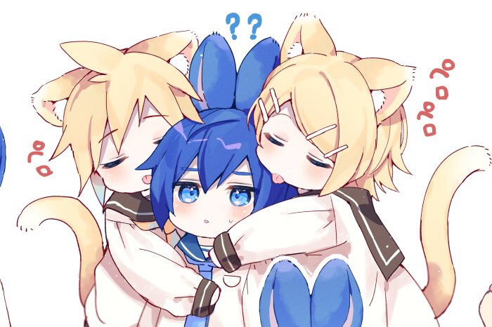 1girl 2boys :p ? ?? animal_ear_fluff animal_ears black_sailor_collar blonde_hair blue_hair blue_necktie blue_sailor_collar boy_and_girl_sandwich cat_ears chibi confused cropped hair_ornament hairclip hug kagamine_len kagamine_rin kaito_(vocaloid) licking long_sleeves mogu_(wy5xrt7w) multiple_boys necktie outstretched_arm parted_lips rabbit_ears sailor_collar sandwiched shirt short_hair simple_background tongue tongue_out upper_body vocaloid white_background white_shirt