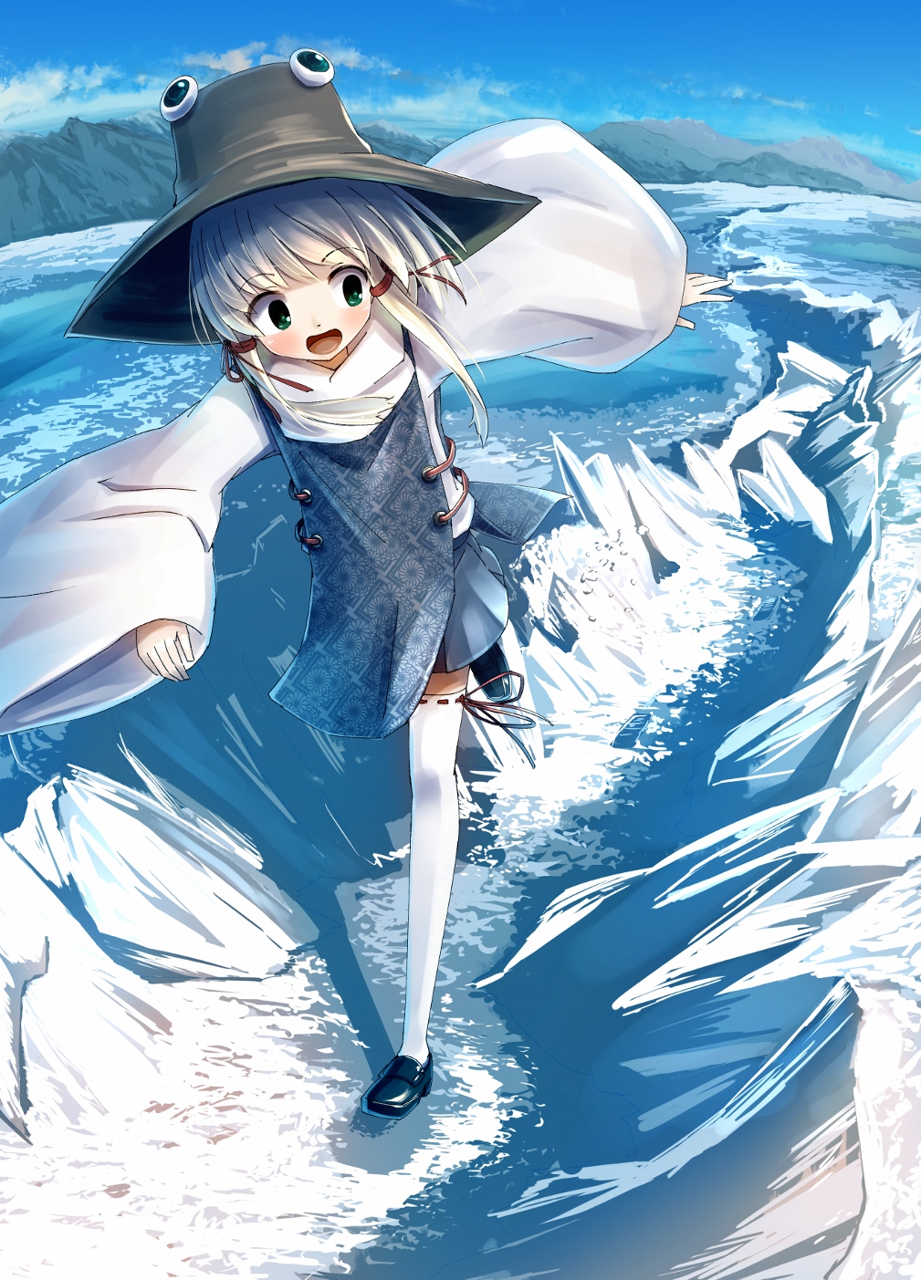 1girl aqua_vest blue_sky green_eyes hair_ribbon hat highres ice landscape mankun moriya_suwako mountain ocean open_mouth ribbon ribbon-trimmed_legwear ribbon_trim running scenery sky smile solo touhou vest white_hair wide_sleeves