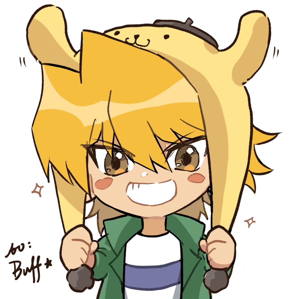 1boy blonde_hair blush_stickers brown_eyes chibi clenched_hands cosplay green_jacket grin hands_up happy jacket jounouchi_katsuya long_sleeves male_focus medium_hair pompompurin pompompurin_(cosplay) sanrio shirt simple_background smile solo sparkle tt_(joesther3) upper_body white_background white_shirt yu-gi-oh! yu-gi-oh!_duel_monsters