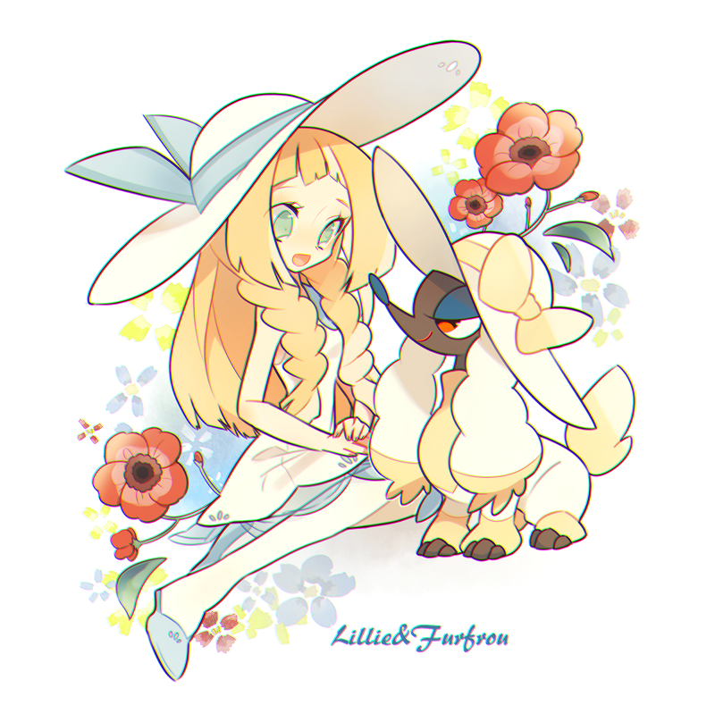 chromatic_aberration flower furfrou green_eyes hat lillie_(pokemon) pokemon pokemon_sm