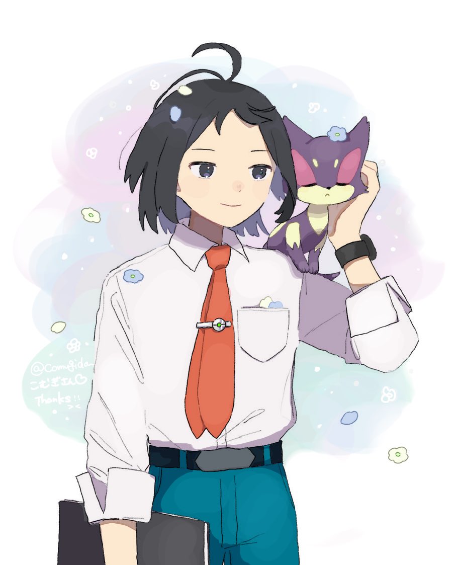 1boy ahoge belt belt_buckle black_belt black_eyes black_hair buckle cheren_(pokemon) closed_mouth collared_shirt commentary_request eneko_(olavcnkrpucl16a) hand_up male_focus necktie on_shoulder pants pokemon pokemon_(creature) pokemon_bw2 pokemon_on_shoulder purrloin shirt short_hair smile tie_clip white_shirt