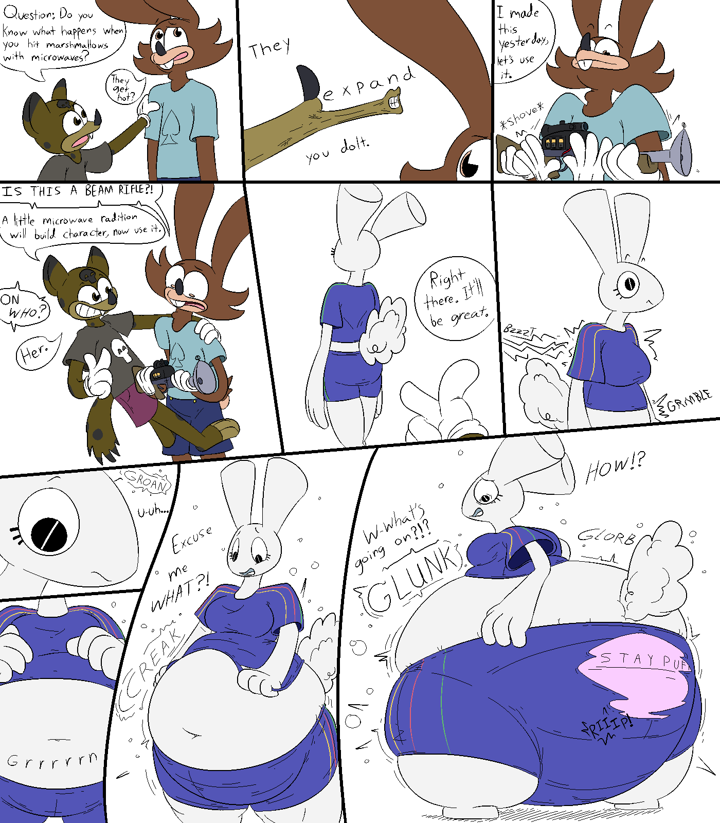 2020 7:8 ?! anthro asking asking_another asking_what battery belly_inflation black_eyebrows black_nose blue_bottomwear blue_clothing blue_shirt blue_shorts blue_topwear bottomwear breasts brown_body brown_ears brown_fur brown_spots brown_tail buckteeth butt candy clothing clothing_pull colored comic countershade_face countershading dessert dialogue exclamation_point expansion expansion_sound_effect eyebrows fangs female floating_eyebrows food food_creature fur gloves glunk_(sound_effect) group handwear hi_res hyena inflation insult lagomorph larger_anthro larger_female larger_male leporid living_candy male mallow_(thatoneaceguy) mammal markings marshmallow midriff monobutt navel nicky_(thatoneaceguy) panties pie_cut_eyes pink_clothing pink_panties pink_underwear purple_bottomwear purple_clothing purple_shorts pursed_lips question_mark rabbit rabbit_ears ranged_weapon raygun rumbling_stomach shirt shirt_pull shorts simple_background size_difference skull_(marking) skull_print smaller_anthro smaller_male smile sound_effects spades_(suit) spots spotted_hyena stay_puft stuttering suit_symbol t-shirt tail teeth text text_on_clothing text_on_panties text_on_underwear thatoneaceguy toony topwear topwear_pull trio underwear wardrobe_malfunction weapon white_background white_body white_clothing white_ears white_gloves white_handwear white_tail