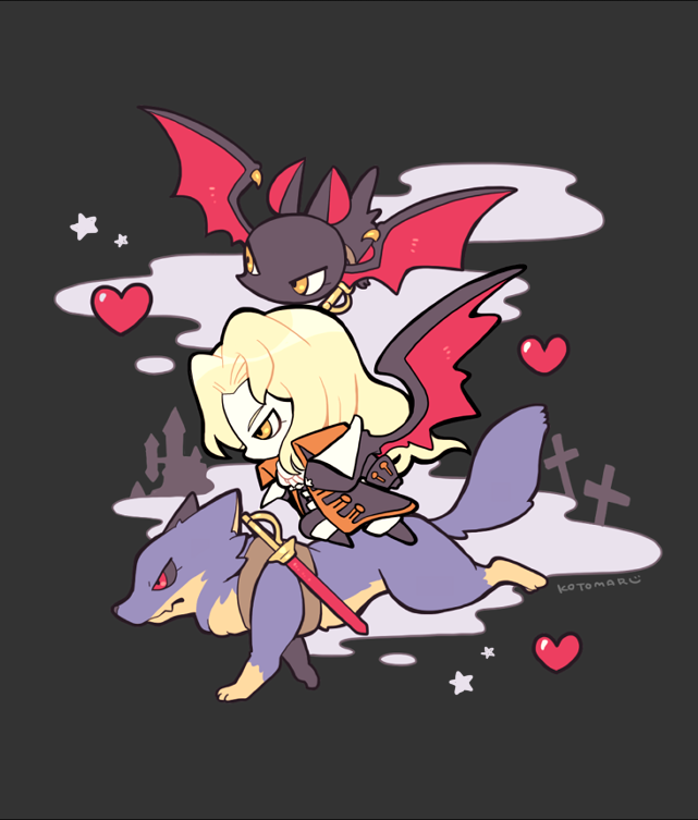 1boy alucard_(castlevania) animal ascot bat_(animal) black_background black_cape black_pants black_sclera blonde_hair cape castle castlevania_(series) chibi cloud colored_sclera cross from_side heart kotorai male_focus pants red_eyes riding sheath sheathed signature star_(symbol) sword weapon white_ascot wing_cape wolf yellow_eyes