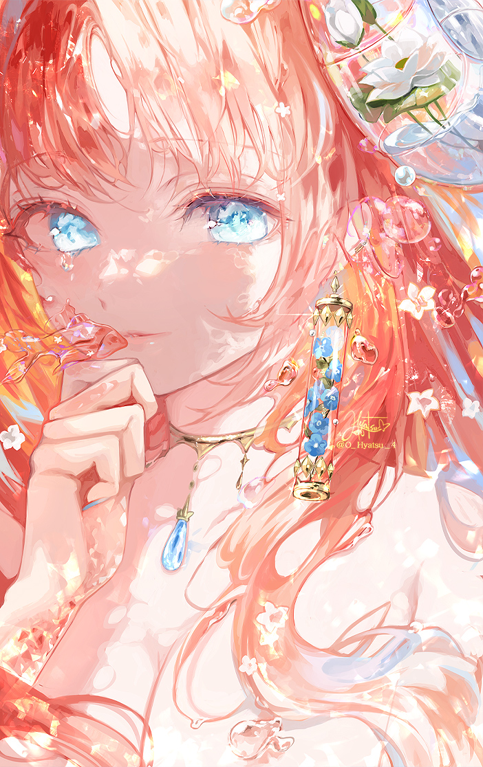 1girl artist_name bare_shoulders blue_eyes blue_flower blue_gemstone blue_nails breasts bubble cleavage closed_mouth commentary crying crying_with_eyes_open earrings fish flower gem genshin_impact hand_up hyatsu jewelry long_hair looking_at_viewer nilou_(genshin_impact) orange_hair signature solo tears upper_body