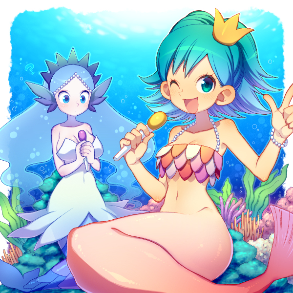 2girls blue_eyes blue_hair blush border bracelet breasts cleavage collarbone crown dress eyelashes holding holding_microphone index_finger_raised jewelry kirara_(pop'n) kiri_futoshi long_hair mana_(pop'n_music) microphone multiple_girls music one_eye_closed open_mouth pearl_bracelet pop'n_music singing underwater white_border white_dress