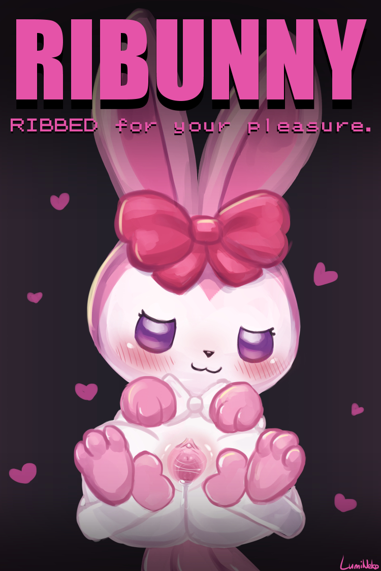 &lt;3 blush bow_(feature) female fur genitals lagomorph leporid looking_at_viewer lumineko mammal palworld pink_body pink_fur purple_eyes pussy rabbit ribbuny spread_pussy spreading text