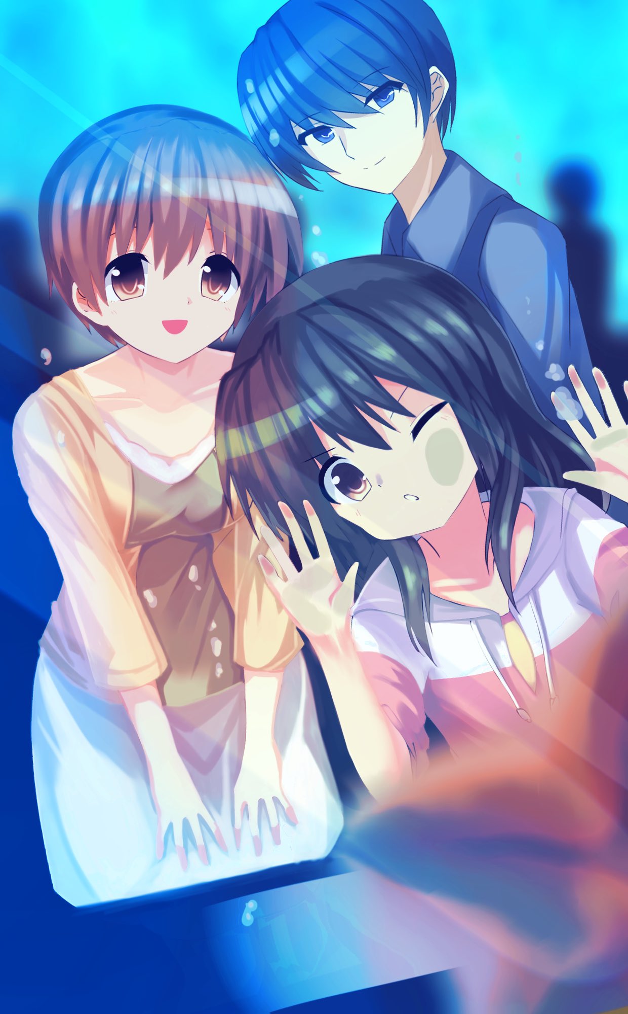 1boy 2girls :d aquarium black_hair blue_eyes blue_hair blurry brown_eyes brown_hair casual cheek_on_glass cheek_press clannad closed_mouth commentary_request depth_of_field family hand_on_glass highres hood hood_down hoodie husband_and_wife ibuki_fuuko ibuki_kouko long_hair long_sleeves looking_at_animal looking_at_viewer multiple_girls one_eye_closed open_mouth orange_shirt parted_lips shirt short_hair siblings sidelocks sisters skirt smile split_mouth starfish v-shaped_eyebrows white_skirt yoanium yoshino_yuusuke