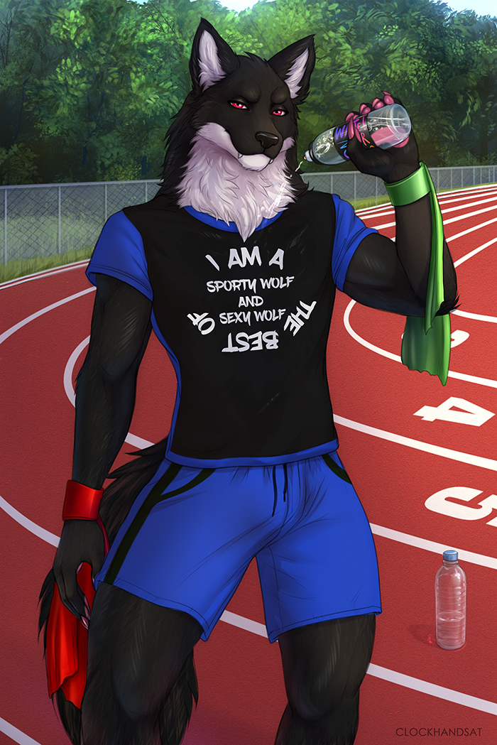 anthro artist_name black_body black_clothing black_fur black_topwear blue_bottomwear blue_clothing blue_shorts bottle bottomwear canid cheek_tuft clockhands clothed clothing container facial_tuft fangs front_view fur glistening glistening_eyes holding_bottle holding_container holding_object looking_at_viewer male mammal mouth_closed neck_tuft outside portrait red_eyes shorts solo standing teeth three-quarter_portrait topwear tuft white_body white_fur