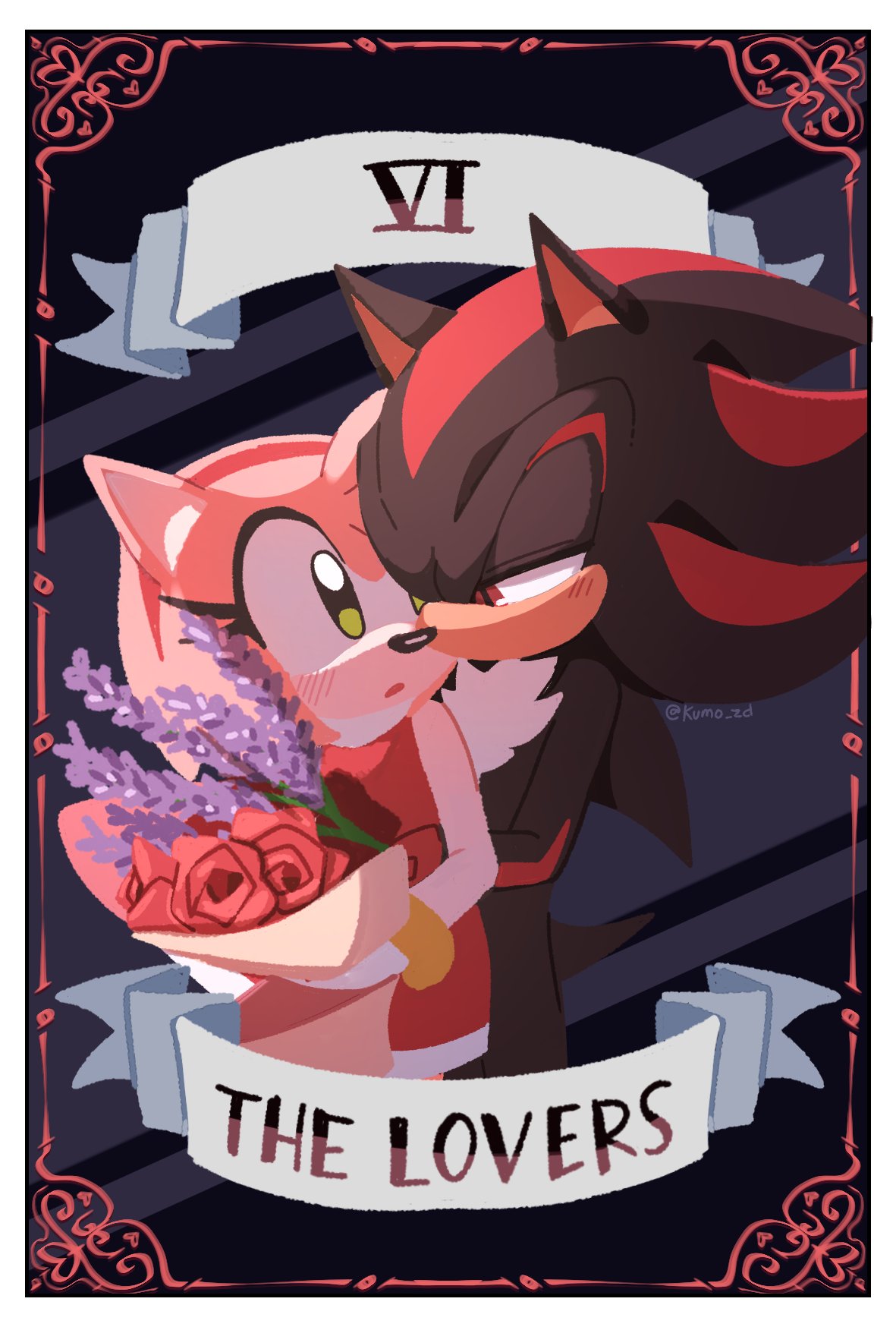 1boy 1girl amy_rose animal_ears blush border bouquet dress flower furry furry_female furry_male green_eyes highres holding holding_bouquet kumo_zd lavender_(flower) looking_at_another outside_border red_dress red_eyes red_flower red_rose rose shadow_the_hedgehog sleeveless sleeveless_dress sonic_(series) tarot tarot_(medium) the_lovers_(tarot) white_border