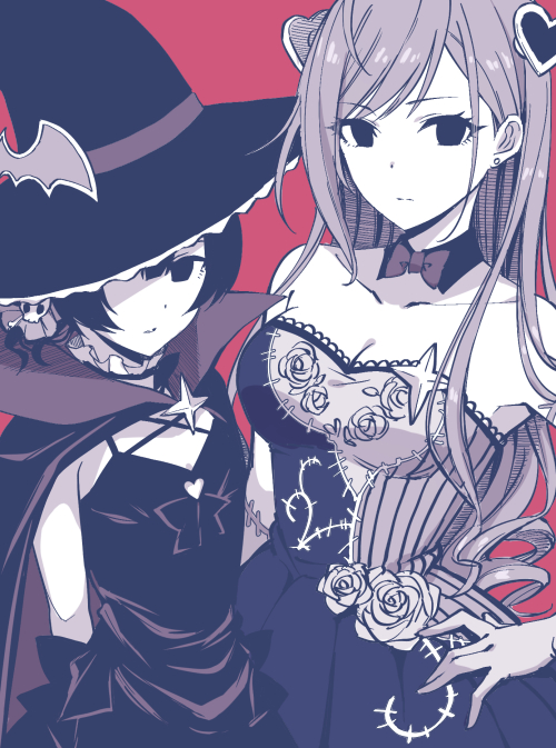 2girls ahoge arisugawa_natsuha bare_shoulders black_theme bow bowtie breasts cleavage cloak closed_mouth collarbone detached_collar dot_nose dress flat_chest flower hair_between_eyes hair_ornament hand_on_own_hip hat heart heart_hair_ornament idolmaster idolmaster_shiny_colors kamekoya_sato large_breasts long_hair looking_at_viewer monochrome morino_rinze multiple_girls pink_background rose short_hair simple_background sleeveless sleeveless_dress spot_color swept_bangs thorns witch witch_hat