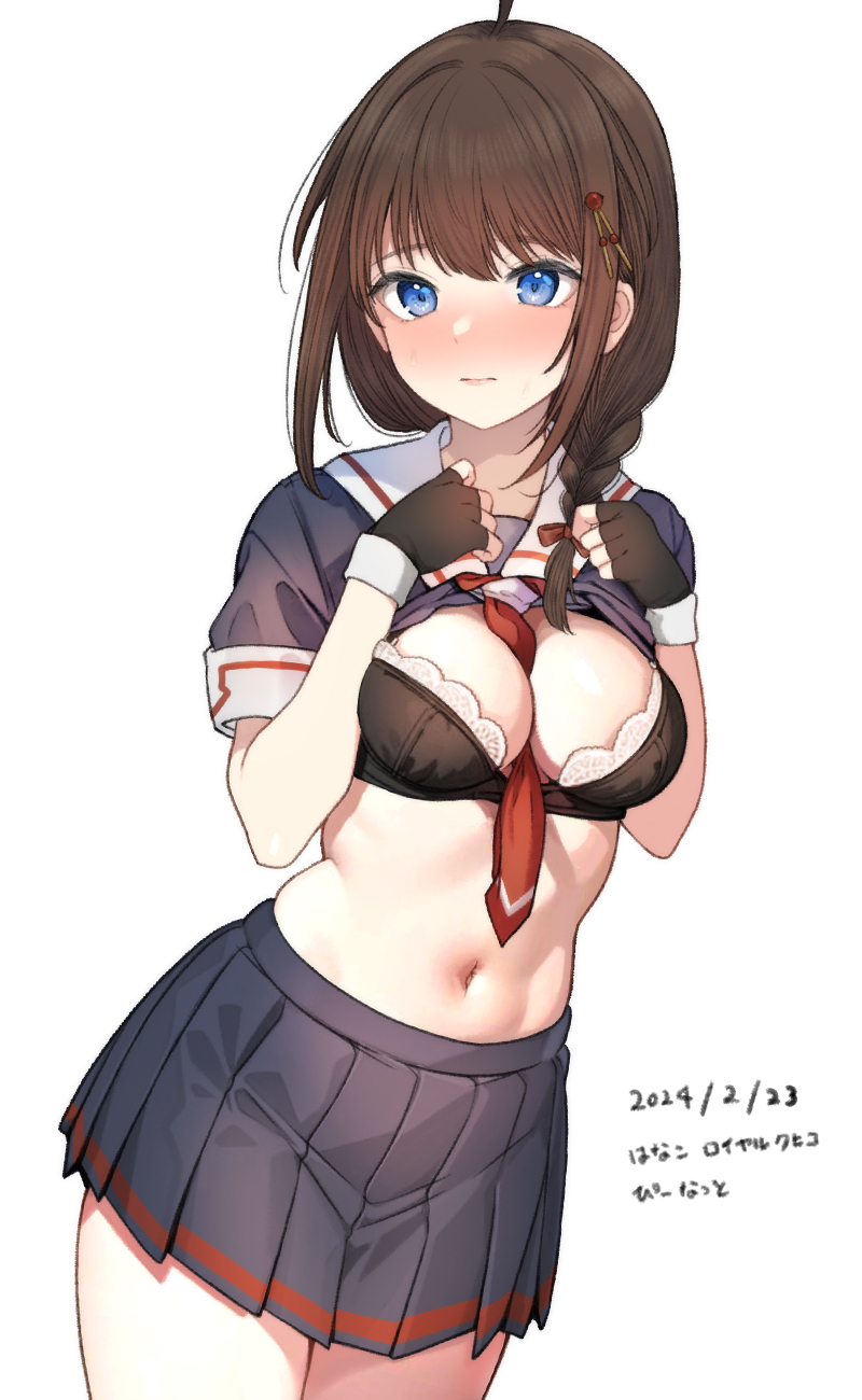 1girl ahoge black_gloves black_shirt black_skirt blue_eyes blush braid breasts brown_hair closed_mouth clothes_lift commentary_request cowboy_shot dated embarrassed fingerless_gloves gloves hanako_(peanut) highres kantai_collection lifted_by_self long_hair looking_at_viewer medium_breasts navel neckerchief neckerchief_between_breasts pleated_skirt red_neckerchief shigure_(kancolle) shirt shirt_lift simple_background single_braid skirt solo stomach white_background