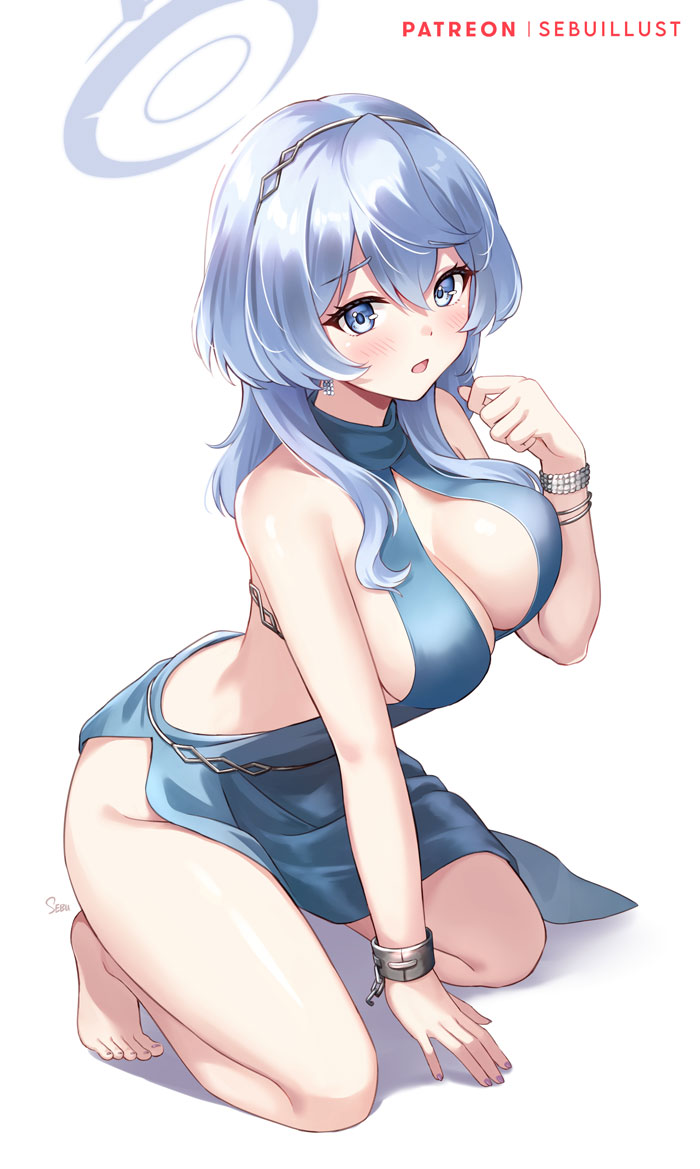 1girl ako_(blue_archive) ako_(dress)_(blue_archive) backless_dress backless_outfit barefoot blue_archive blue_dress blue_eyes blue_hair blue_halo blush breasts cuffs dress full_body hair_between_eyes halo jewelry kneeling large_breasts long_hair looking_at_viewer official_alternate_costume parted_lips plunging_neckline sebu_illust shackles sideboob sideless_dress simple_background single_handcuff sleeveless sleeveless_dress solo toes white_background