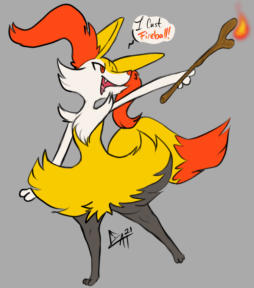 action_pose ambiguous_gender anthro braixen cautioncat cute_fangs dialogue dungeons_and_dragons english_text female_(lore) fire generation_6_pokemon gesture hand_gesture hasbro inner_ear_fluff nintendo open_mouth pointing pokemon pokemon_(species) pose solo stick text tuft wizards_of_the_coast