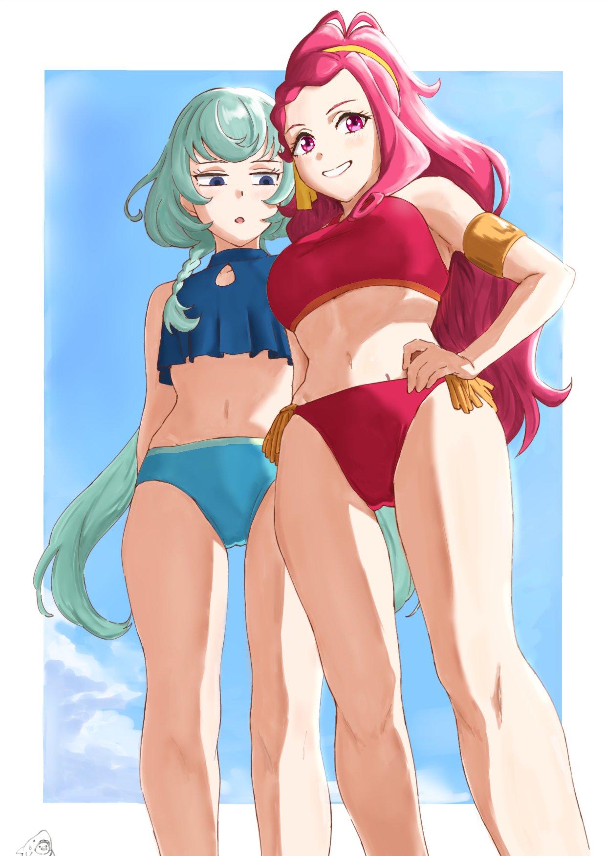 2girls aikatsu!_(series) aikatsu_friends! alicia_charlotte aqua_hair bikini blue_bikini blue_sky breast_envy breasts cloud flat_chest from_below highres long_hair looking_at_another looking_at_viewer low_twintails medium_breasts multiple_girls navel open_mouth osame pink_eyes pink_hair red_bikini sky smile swimsuit tensho_hibiki twintails