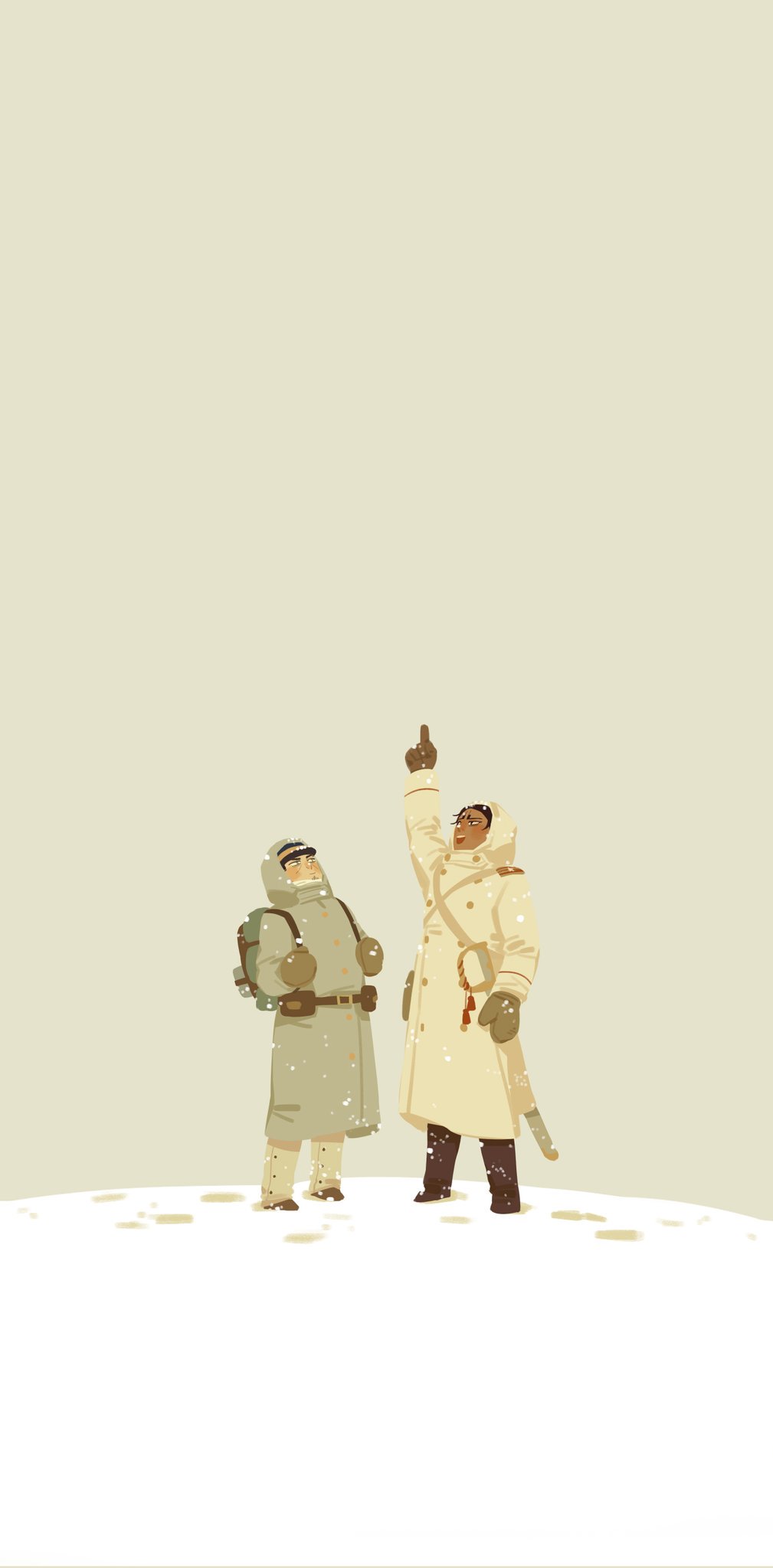 2boys arm_up backpack bag black_eyes boots brown_background brown_coat brown_footwear brown_gloves brown_hair chengongzi123 closed_mouth coat dark-skinned_male dark_skin facial_hair footprints full_body gloves goatee_stubble golden_kamuy green_bag hat highres hood hood_up hooded_coat koito_otonoshin long_sleeves looking_up male_focus military_hat multiple_boys no_lineart open_mouth outdoors pointing pointing_up sheath sheathed short_hair simple_background snow snowing standing stubble sword tsukishima_hajime weapon wide_shot winter