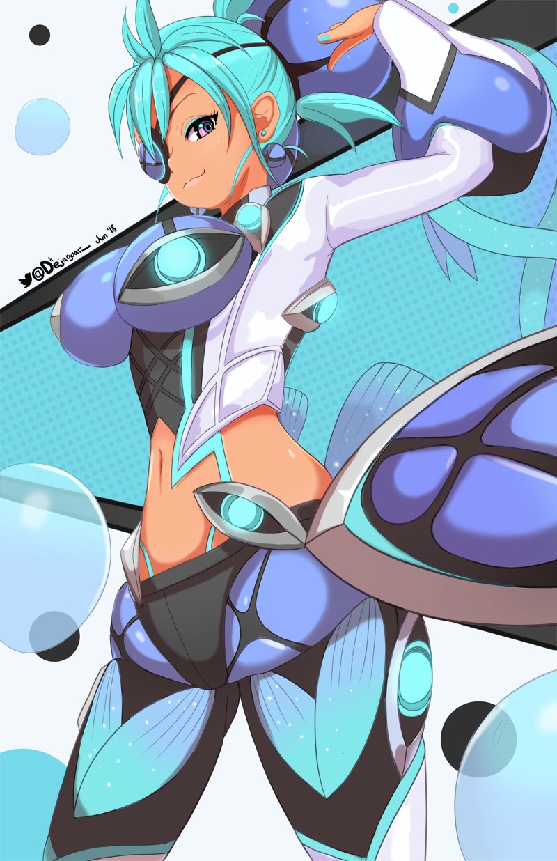 1girl aqua_hair aqua_nails arm_up artist_name breasts closed_mouth dark-skinned_female dark_skin earrings eyeliner eyepatch highres impossible_clothes jellcaps jewelry large_breasts looking_at_viewer lying makeup nail_polish navel on_stomach praxis_(xenoblade) purple_eyes smile solo stomach twitter_logo twitter_username xenoblade_chronicles_(series) xenoblade_chronicles_2