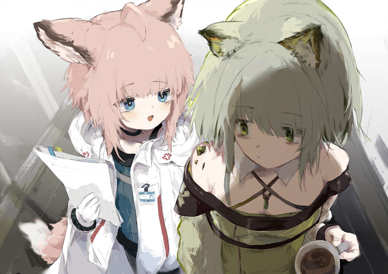 2girls :d ahoge animal_ears arknights armpit_crease bags_under_eyes bare_shoulders binder binder_clip blue_eyes blue_shirt blunt_bangs cat_ears choker closed_mouth coffee cup detached_collar dot_nose dress expressionless fox_ears fox_girl fox_tail gem green_dress green_eyes green_gemstone green_hair holding holding_cup holding_paper hood hood_down hoodie id_card indoors jewelry kal'tsit_(arknights) looking_at_another medic messy_hair mug multiple_girls off-shoulder_dress off_shoulder open_clothes open_hoodie oripathy_lesion_(arknights) paper pendant shirt sidelocks smile star_of_life sussurro_(arknights) tail unitedunti white_hoodie