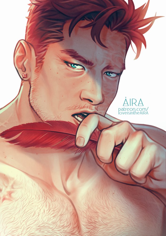 1boy aira_(loveisinthe_aira) artist_name bara blue_eyes boku_no_hero_academia chest_hair collarbone ear_piercing endeavor_(boku_no_hero_academia) facial_hair feathers holding holding_feather looking_at_viewer male_focus mustache open_mouth patreon_username piercing red_feathers short_hair sideburns simple_background solo teeth white_background