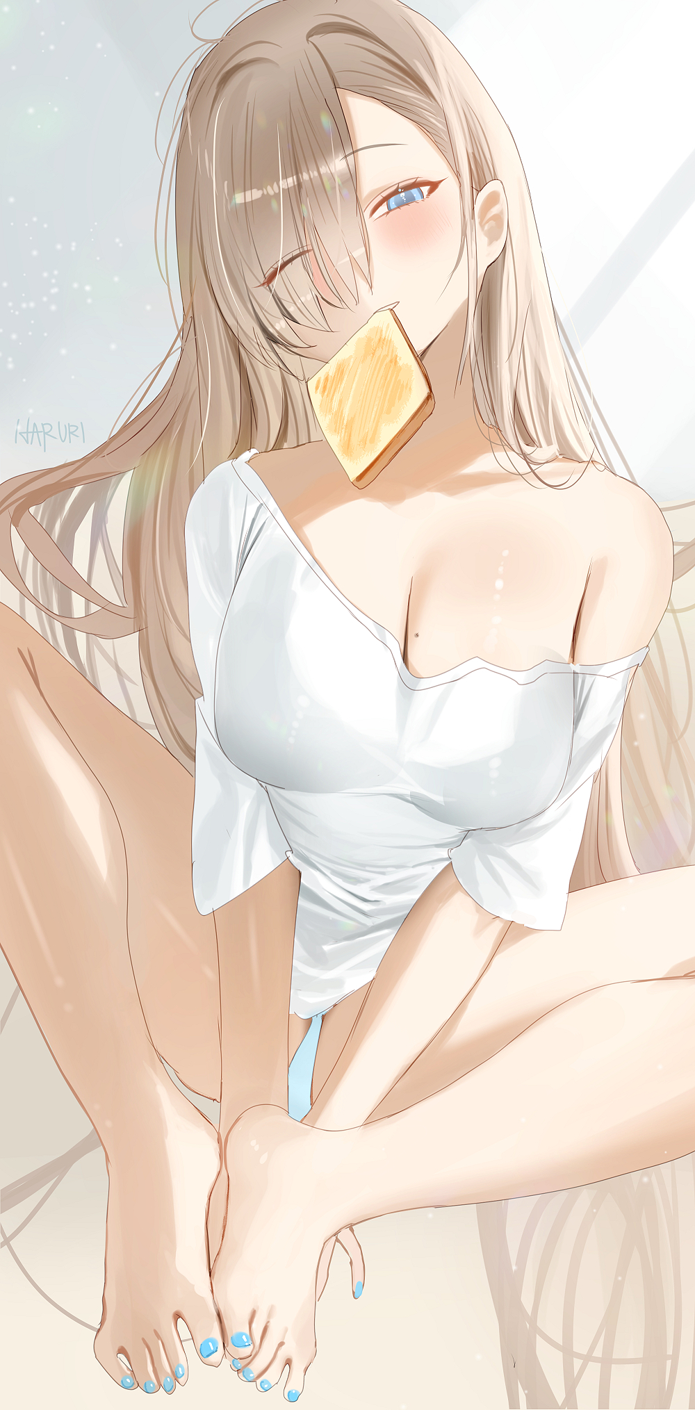 1girl asuna_(blue_archive) bare_legs blue_archive blue_eyes blue_nails bread bread_slice commentary_request food food_in_mouth haruri head_tilt highres light_brown_hair long_hair looking_at_viewer mouth_hold nail_polish off-shoulder_shirt off_shoulder shirt short_sleeves single_bare_shoulder sitting solo thighs toast toast_in_mouth toenail_polish toenails very_long_hair white_shirt