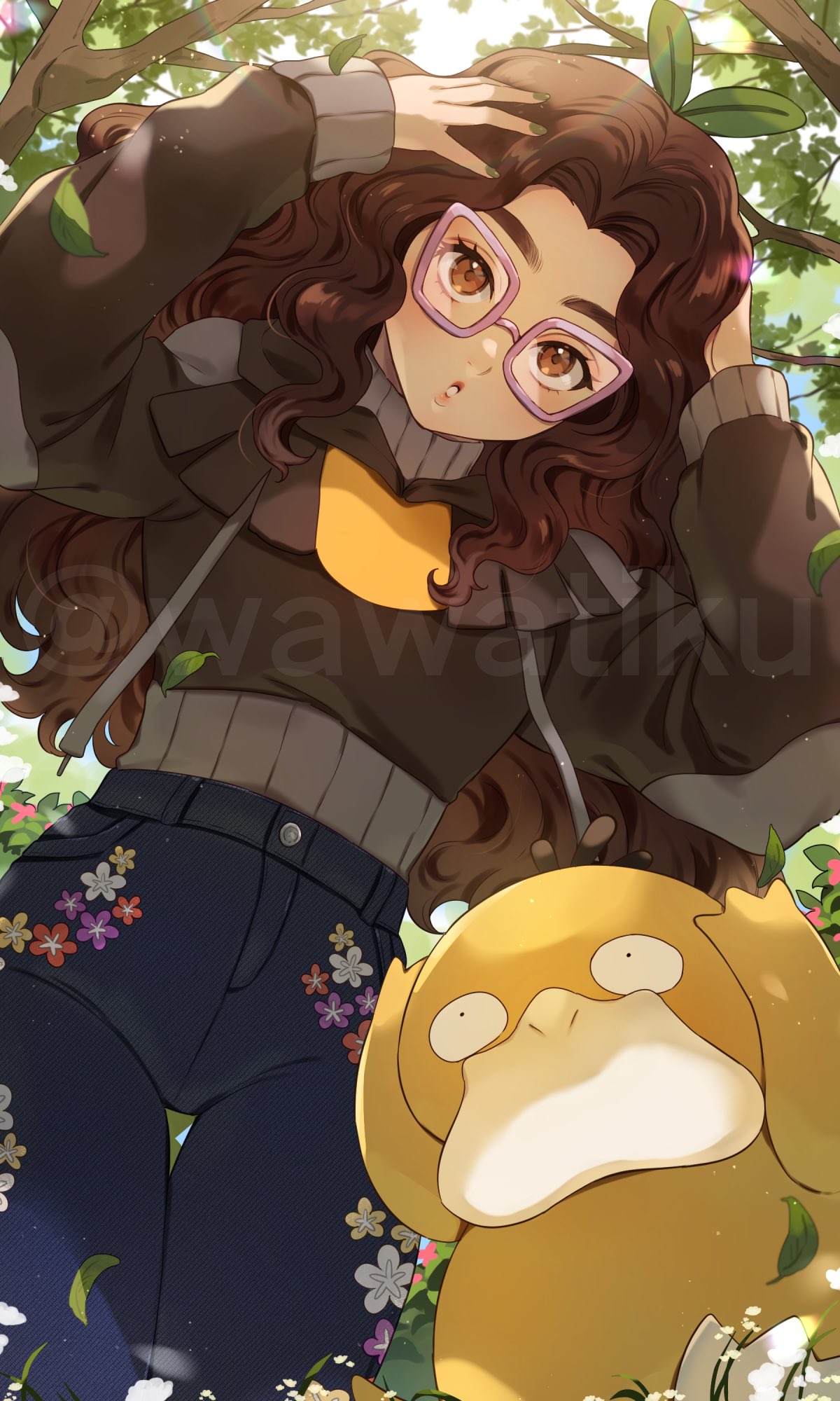 1girl :o artist_name black_sweater blue_pants branch brown_eyes brown_hair colored_skin commission eyelashes from_below glasses highres long_hair original outdoors pants parted_lips pink-framed_eyewear pokemon pokemon_(creature) psyduck sleeves_past_wrists standing sweater twitter_username watermark wavy_hair wawatiku yellow_skin