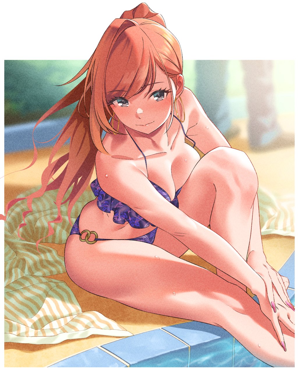 1boy 1girl ahoge arisugawa_natsuha bare_shoulders bikini black_eyes blurry blurry_background blush breasts bush cleavage closed_mouth collarbone dot_nose earrings fukushi_ryouhei highres hoop_earrings idolmaster idolmaster_shiny_colors jewelry knee_up large_breasts long_hair looking_at_viewer nail_polish o-ring o-ring_bikini orange_hair ponytail poolside purple_bikini purple_nails sitting smile solo striped_towel swept_bangs swimsuit water