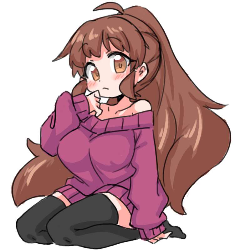 1girl ahoge arm_at_side bare_shoulders big_hair black_thighhighs blush breasts brown_eyes brown_hair closed_mouth full_body hand_to_own_mouth hand_up large_breasts long_hair long_sleeves looking_at_viewer no_shoes off-shoulder_sweater off_shoulder ponytail purple_sweater rori_(4chan) seiza sitting sketch sleeves_past_wrists solo sweater taneshima_popura thighhighs wide_ponytail working!! zettai_ryouiki