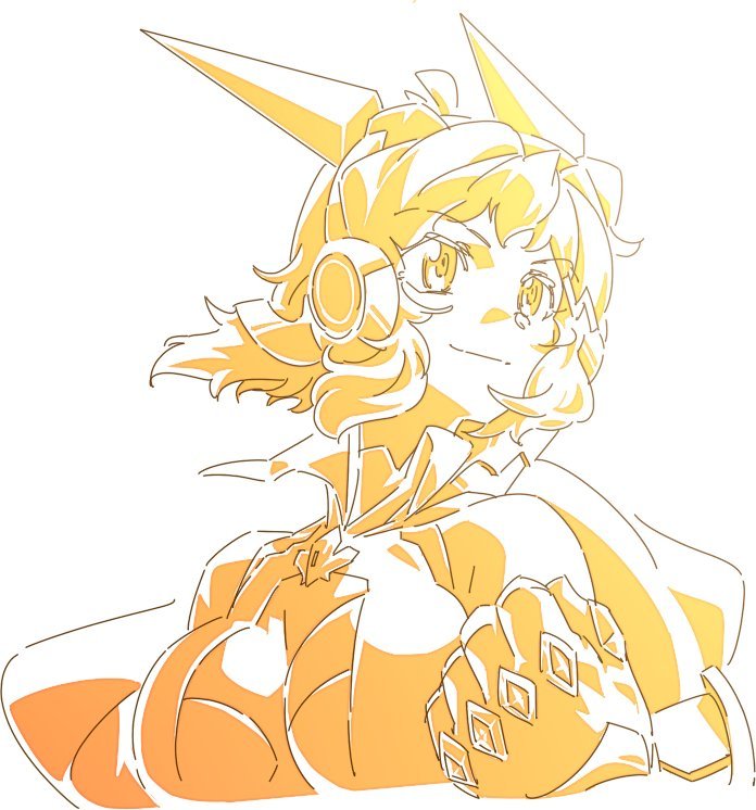 1girl annosada bad_id bad_twitter_id bare_shoulders breasts cleavage clenched_hand closed_mouth hair_ornament headgear headphones orange_theme senki_zesshou_symphogear short_hair simple_background solo spot_color symphogear_pendant tachibana_hibiki_(symphogear) upper_body white_background x_hair_ornament