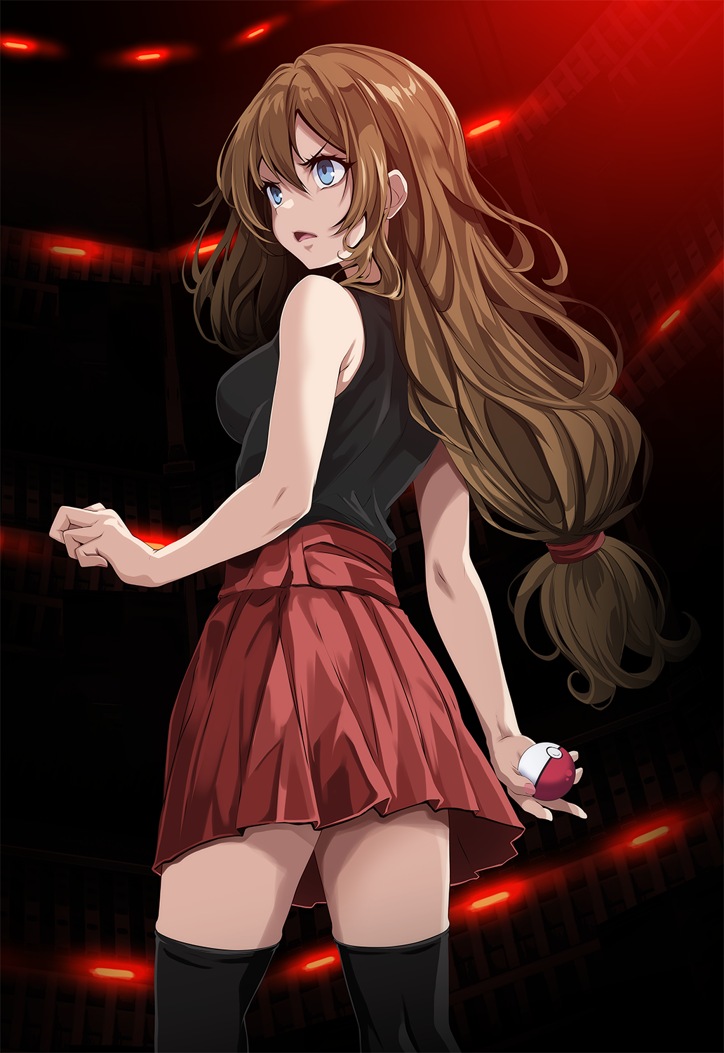 1girl bare_arms black_shirt black_thighhighs blue_eyes breasts brown_hair cowboy_shot d: from_behind hair_between_eyes highres holding holding_poke_ball long_hair low-tied_long_hair medium_breasts miniskirt open_mouth pleated_skirt poke_ball pokemon pokemon_xy red_skirt serena_(pokemon) shirt skirt sleeveless sleeveless_shirt solo standing thighhighs tsukishiro_saika v-shaped_eyebrows very_long_hair zettai_ryouiki