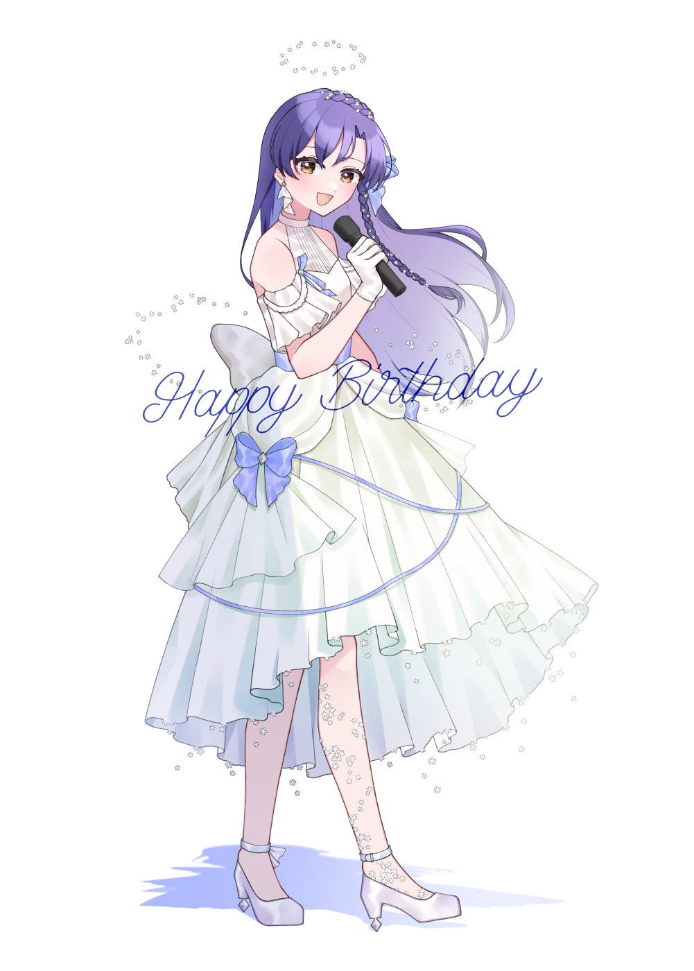 1girl alternate_costume alternate_hairstyle bare_shoulders birthday blue_bow blue_hair blue_ribbon bow braid breasts brown_eyes commentary_request dangle_earrings detached_sleeves dot_nose dress dress_bow earrings english_text flower frilled_dress frilled_gloves frills gloves hair_bow hair_ornament halo halterneck hand_up happy_birthday high_heels highres holding holding_microphone idol idol_clothes idolmaster idolmaster_(classic) jewelry kisaragi_chihaya ktmtry light_blush long_hair looking_at_viewer looking_to_the_side medium_bangs microphone ribbon shadow simple_background single_braid sleeveless sleeveless_dress small_breasts smile solo standing straight_hair white_background white_dress white_flower white_footwear white_gloves