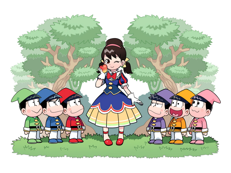 6+boys apple blue_dress blue_headwear bow bowtie brothers buttons cosplay dress dwarf elf_hat food forest fruit garara382 green_headwear headband holding holding_food holding_fruit low_twintails multiple_boys nature one_eye_closed osomatsu-san pink_headwear purple_headwear red_bow red_bowtie red_footwear red_headwear sextuplets short_twintails siblings snow_white_(grimm) snow_white_(grimm)_(cosplay) tree twintails white_background yellow_headwear yowai_totoko