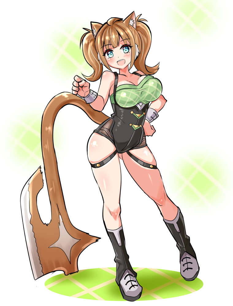 1girl animal_ears aqua_eyes axe bandeau battle_axe black_footwear black_leotard boots breasts brown_hair cat_ears cat_girl cat_tail commentary cougar_(cougar1404) full_body green_bandeau hand_on_own_hip leotard looking_at_viewer medium_breasts medium_hair megu_(cougar1404) open_mouth original sleeveless smile solo standing standing_on_one_leg tail thigh_strap twintails weapon wrist_cuffs