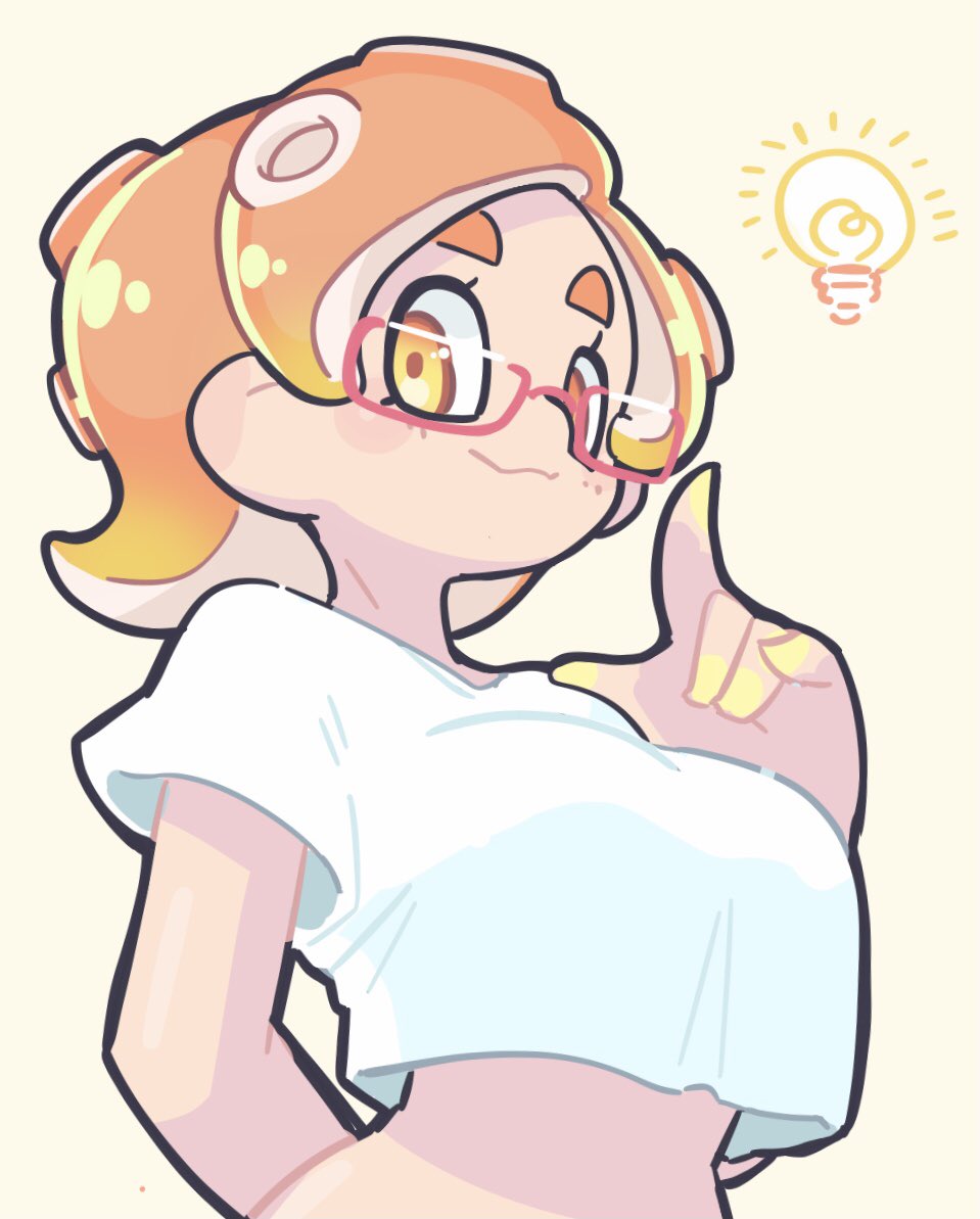 1girl arm_behind_back breasts closed_mouth commentary cropped_shirt eyelashes glasses hekoningyou_(waraningyou) large_breasts light_bulb medium_hair octoling octoling_girl octoling_player_character orange_eyes orange_hair red-framed_eyewear shirt simple_background smile solo splatoon_(series) symbol-only_commentary tentacle_hair thick_eyebrows upper_body white_shirt yellow_background