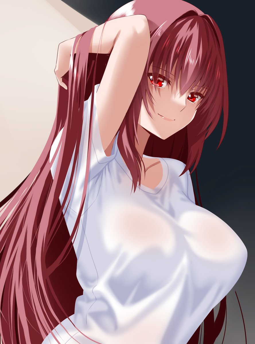 1girl arm_up breasts collarbone engo_(aquawatery) fate/grand_order fate_(series) hair_intakes hand_in_own_hair large_breasts long_hair looking_at_viewer purple_hair red_eyes scathach_(fate) shirt short_sleeves simple_background smile solo t-shirt white_shirt