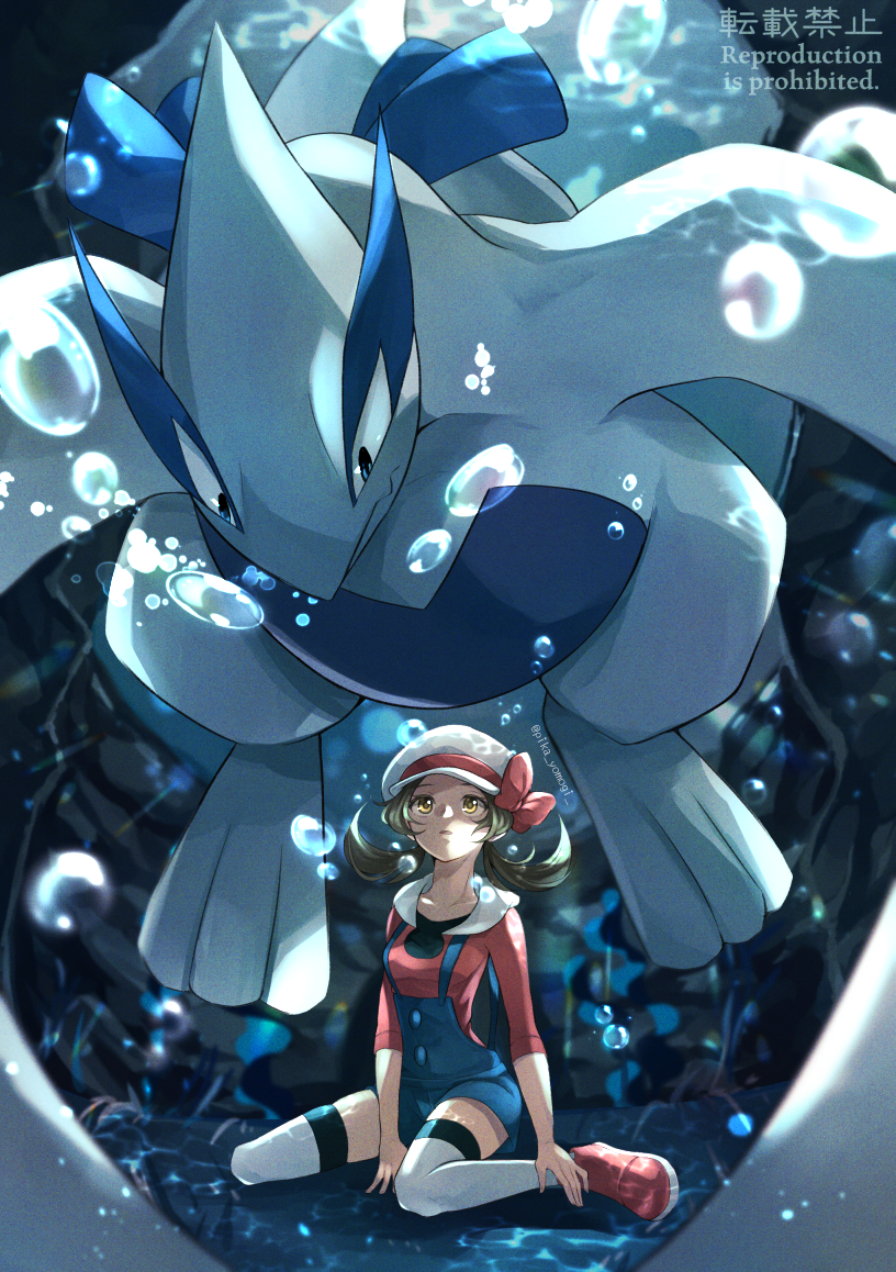 1girl air_bubble blue_overalls blurry bow brown_eyes brown_hair bubble commentary_request depth_of_field hat hat_bow long_hair looking_up lugia lyra_(pokemon) overalls pokemon pokemon_(creature) pokemon_hgss red_bow red_footwear red_shirt shirt shoes sitting sleeves_past_elbows thighhighs twintails underwater watermark white_headwear white_thighhighs yomogi_(black-elf)