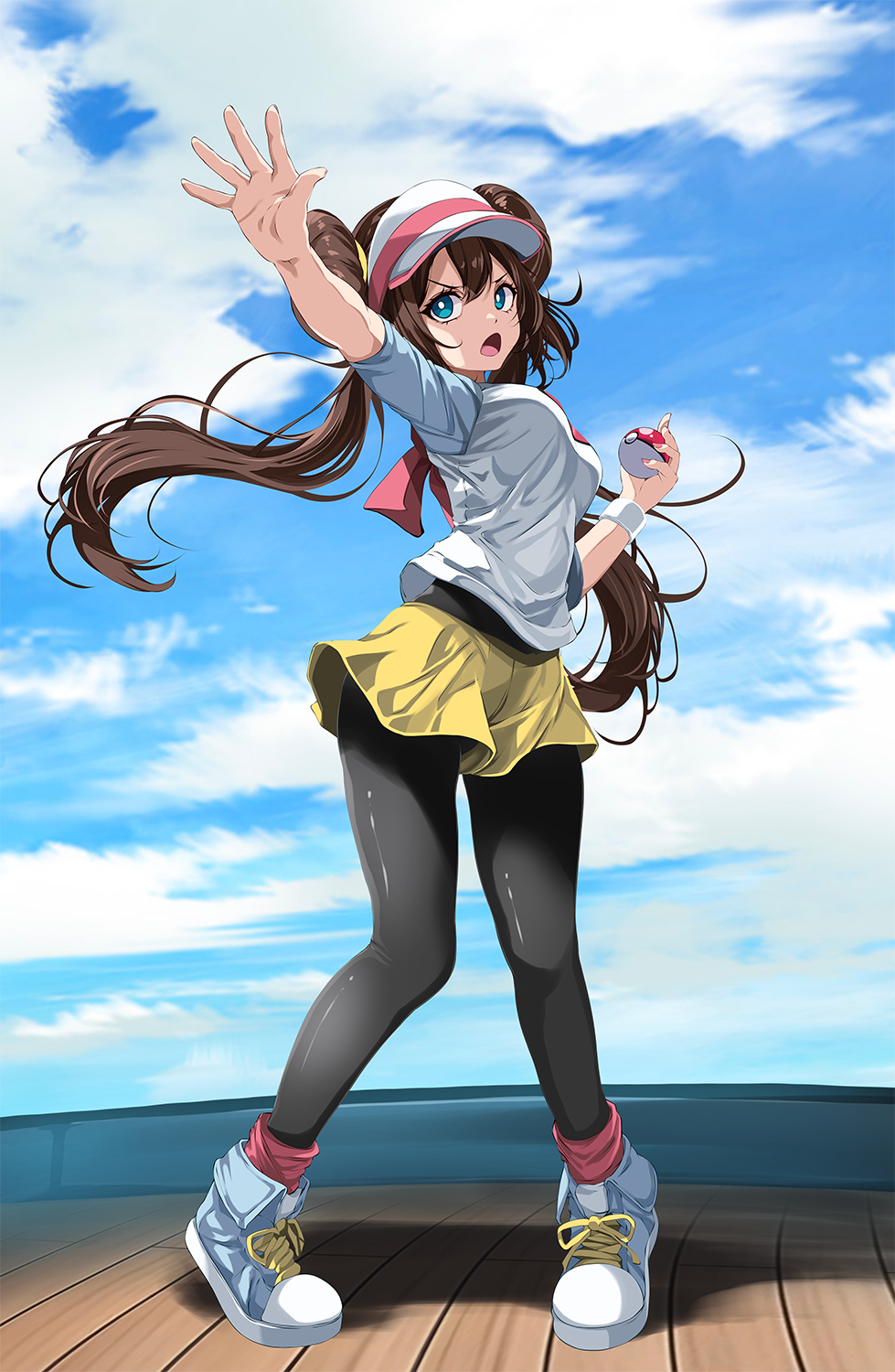 1girl aqua_eyes black_pantyhose blue_sky blue_sleeves breasts brown_hair cloud day double_bun floating_hair full_body hair_between_eyes hair_bun highres holding holding_poke_ball legs long_hair long_sleeves medium_breasts open_mouth outdoors outstretched_arm pantyhose pantyhose_under_shorts pink_socks poke_ball pokemon pokemon_bw2 raglan_sleeves rosa_(pokemon) shirt short_shorts shorts sky socks solo tsukishiro_saika twintails v-shaped_eyebrows very_long_hair visor_cap white_headwear white_shirt yellow_shorts