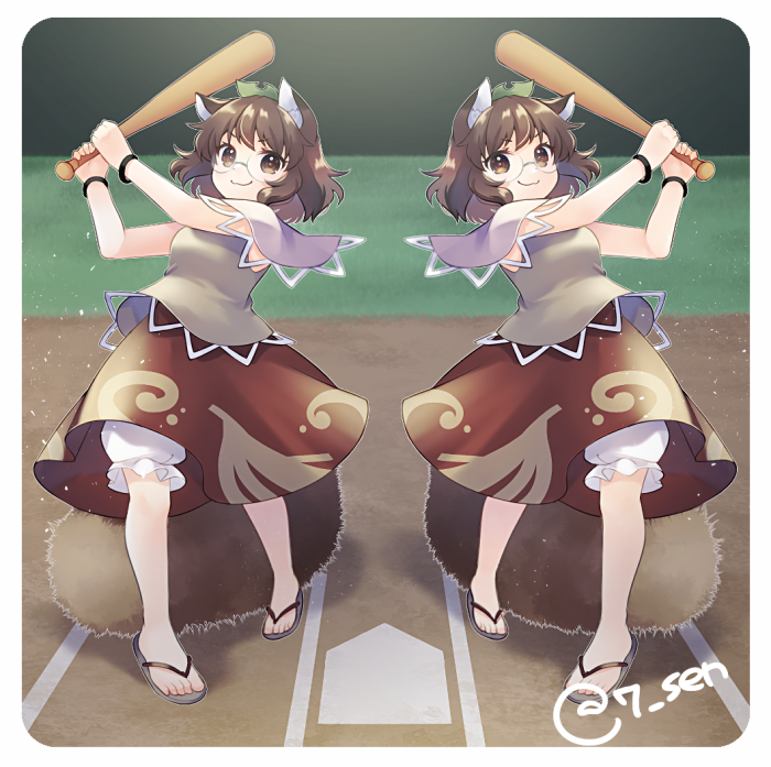 1girl animal_ears baseball_bat baseball_stadium bloomers brown_eyes brown_hair brown_shirt brown_skirt commentary_request dual_persona flip-flops full_body futatsuiwa_mamizou glasses holding holding_baseball_bat leaf leaf_on_head raccoon_ears raccoon_tail round_eyewear sandals sen1986 shirt short_sleeves skirt tail touhou wristband