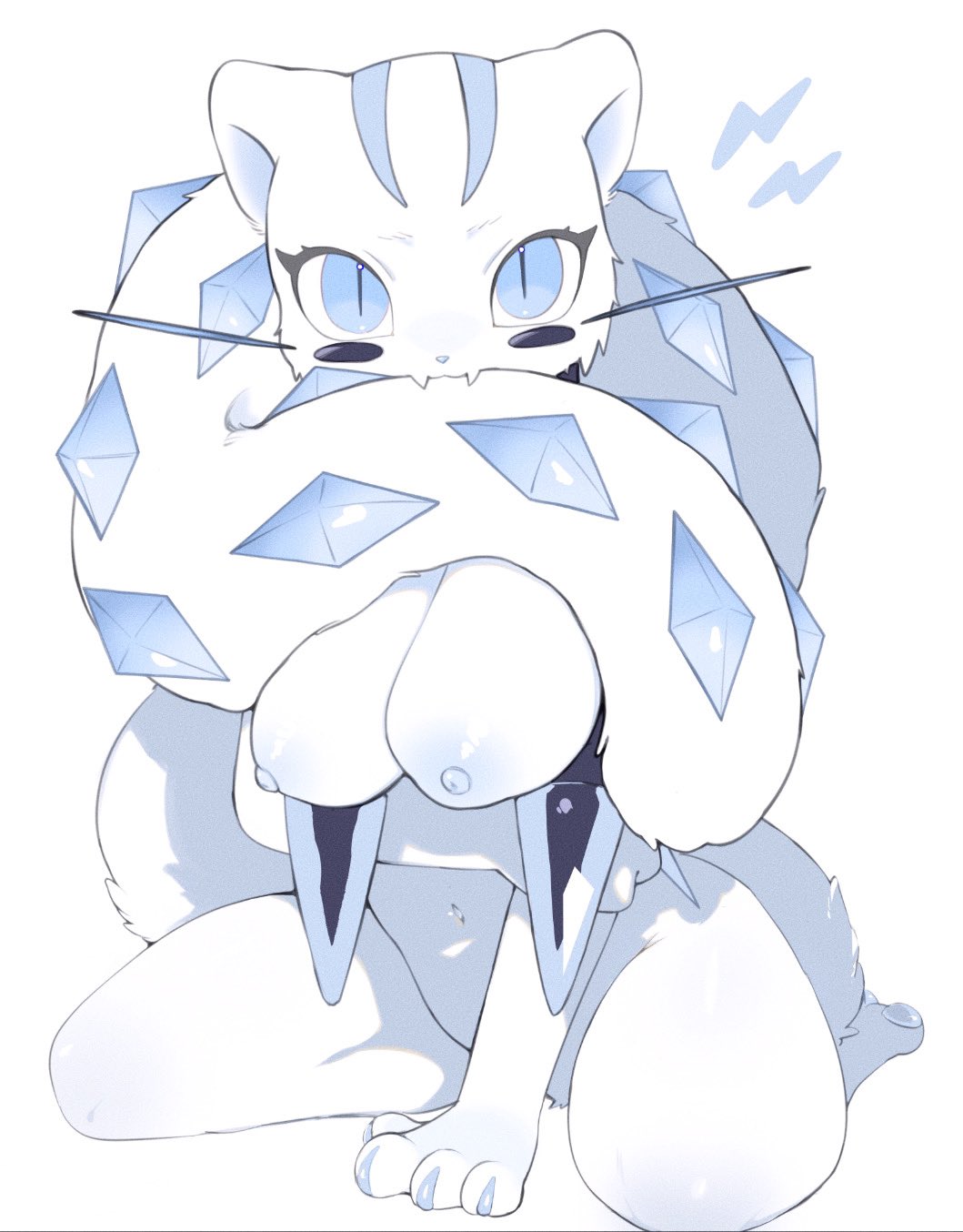 anthro anthrofied areola arm_support big_breasts biped bite blue_areola blue_eyes blue_nipples breasts cheek_markings cheek_tuft chien-pao claws crystal crystal_(anatomy) facial_markings facial_tuft fangs felid feline female fur generation_9_pokemon handpaw head_markings hi_res holding_arm holding_breast ice kneeling legendary_pokemon long_tail looking_at_viewer mammal markings navel nintendo nipples nude pawpads paws pokemon pokemon_(species) pupils saamon_1010 simple_background slit_pupils solo tail tail_bite tail_in_mouth teeth tuft whiskers white_background white_body white_fur