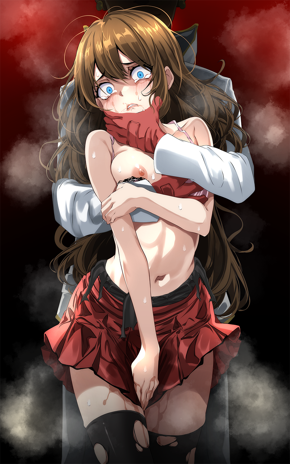 1boy 1girl black_thighhighs blue_eyes breasts brown_hair crying gloves grabbing grabbing_another's_breast grabbing_another's_chin grabbing_from_behind hair_between_eyes hand_on_another's_chin highres jacket long_hair long_sleeves looking_at_viewer medium_breasts messy_hair miniskirt navel nipples parted_lips pleated_skirt pokemon pokemon_xy red_gloves red_skirt serena_(pokemon) shirt skirt skirt_tug tears thighhighs torn_clothes torn_shirt torn_thighhighs tsukishiro_saika very_long_hair white_jacket zettai_ryouiki